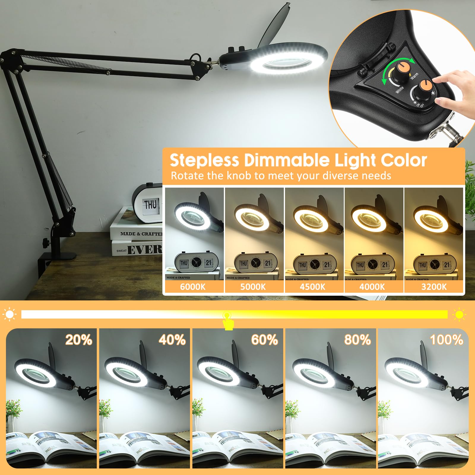 Jeedefi 10X Large Magnifying Glass With Light And Clamp, Mechanical Knob Stepless Dimmable, 2*16 Inch Swivel Arm Led Magnifying