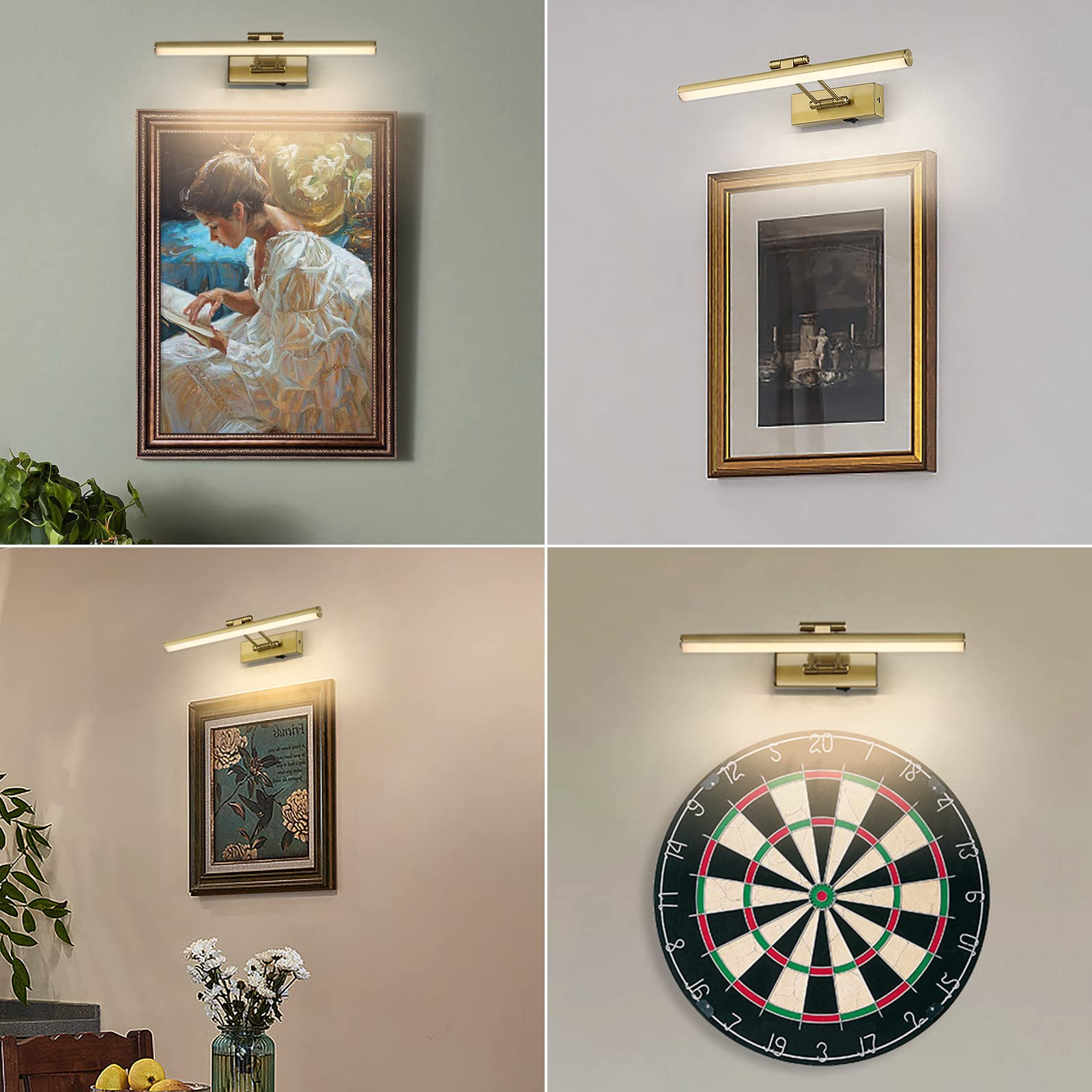 Jusheng 16'' Wireless Picture Light With Remote, Battery Operated Brass Art Display Lighting