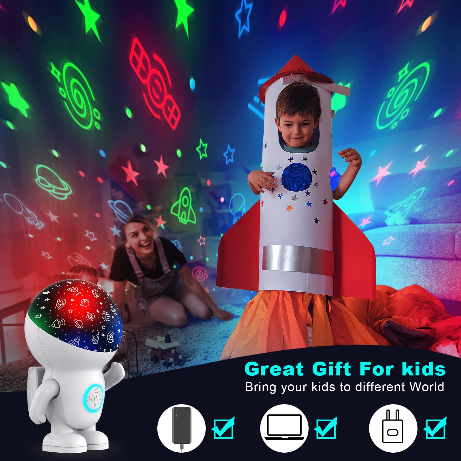 Astronaut Star Projector With Timer, 360 Degree Rotating Blue Halo Engergy Light Space Effect Kids Room Night Lights For Children Sleep Peacefully, Birthday Chritmas Gifts,Kids' Room Décor