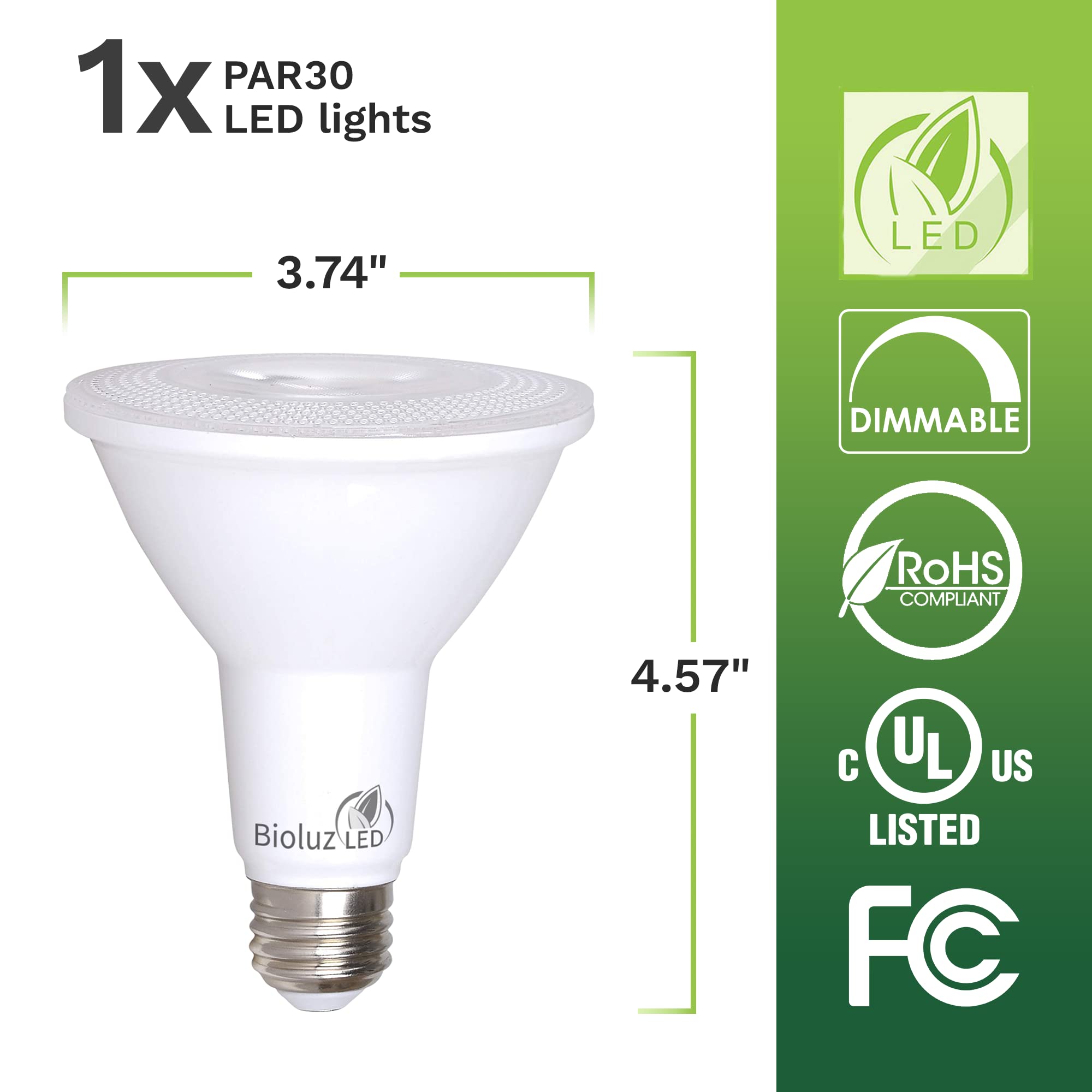 Bioluz LED PAR30 Bulb - 100W Replacement, Soft White 3000K, Dimmable, UL Listed, 1 Count, Plastic