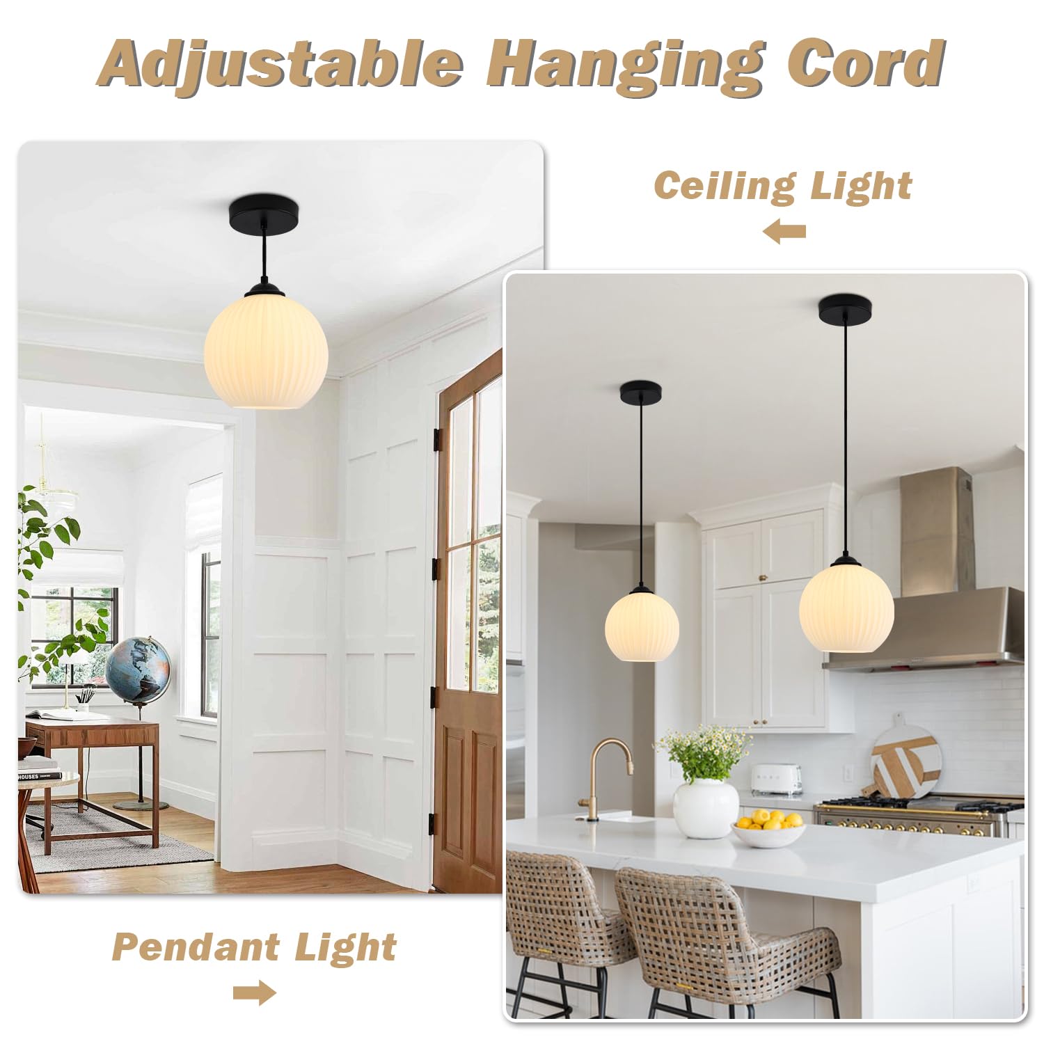 Kco Lighting Milk Glass Globe Pendant Light Industrial Vintage Ribbed Pendant Light Black Ceiling Pendant Light Fixture White Gl