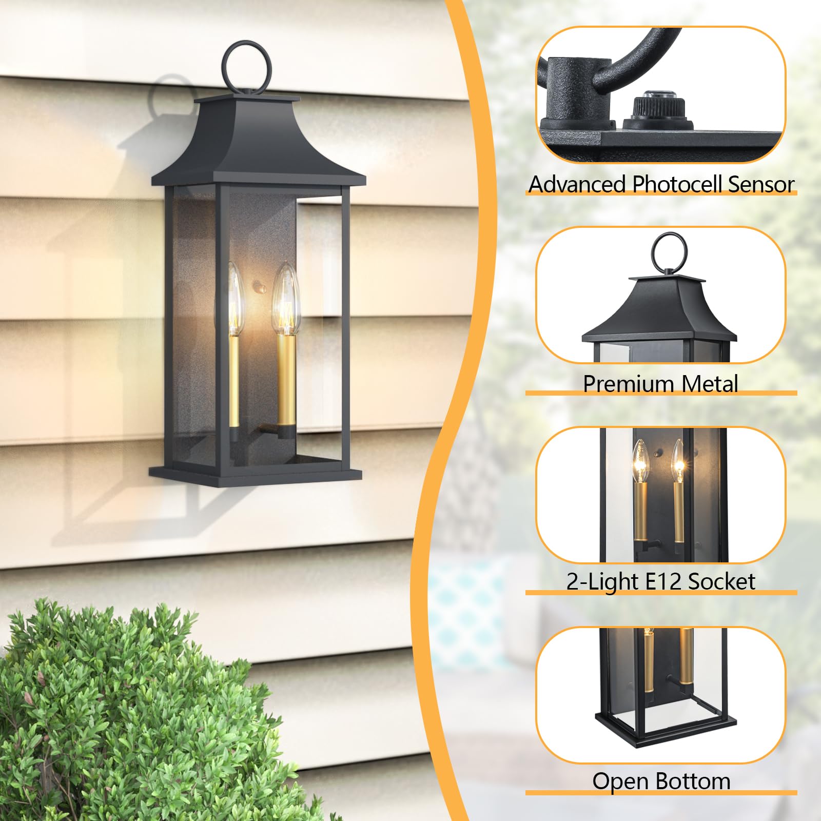 Lawyettle 21" Dusk to Dawn Outdoor Wall Lantern, Black Metal Sconce, Waterproof 2-Light Fixture for House, Porch, Garage - Model XG7008O-W2BK
