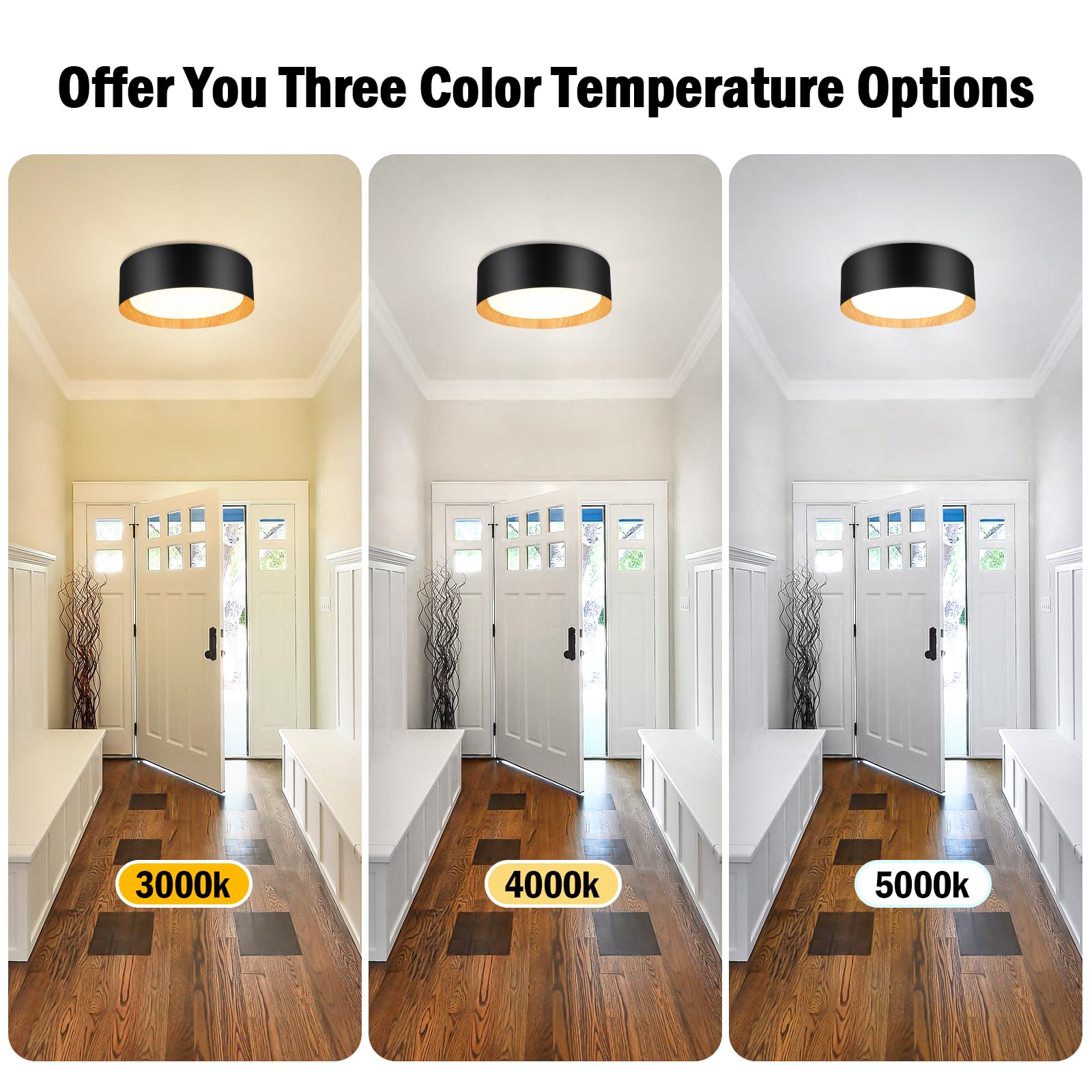 Flush Mount Ceiling Light, 13In 250W Equivalent Led Ceiling Light Fixture, 3Cct Adjustable 3000K 4000K 5000K, Dimmable Black And