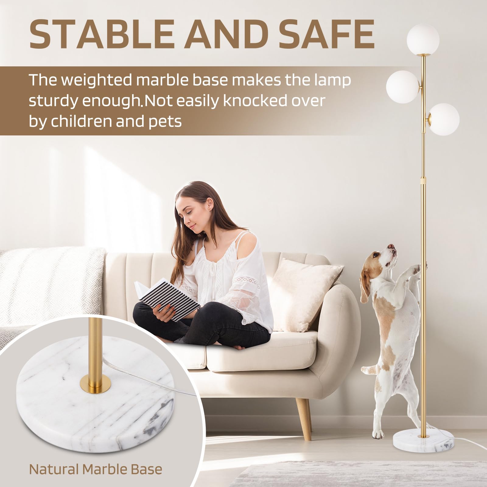 Vallerico 3-Globe Mid Century Modern Floor Lamps For Living Room, Adjustable Height Standing Lamp With Marble Base, Gold Tall La