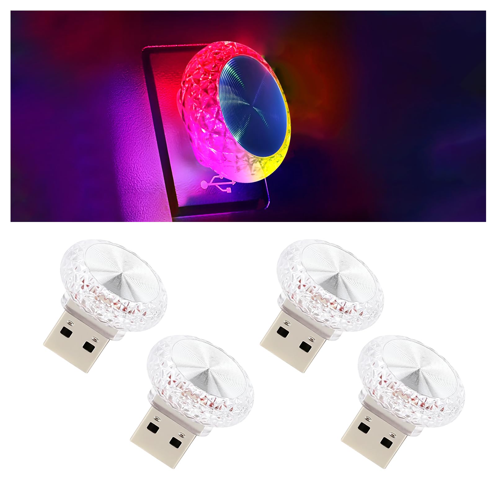 Hovom 4Pcs Usb Led Car Interior Atmosphere Lamp  Portable Mini Car Led Night Light Decoration  Plug-In Usb Automotive Ambient Lighting Kit  Universal For Cars Suvs Trucks Rvs (Multicolor Slow Flash)