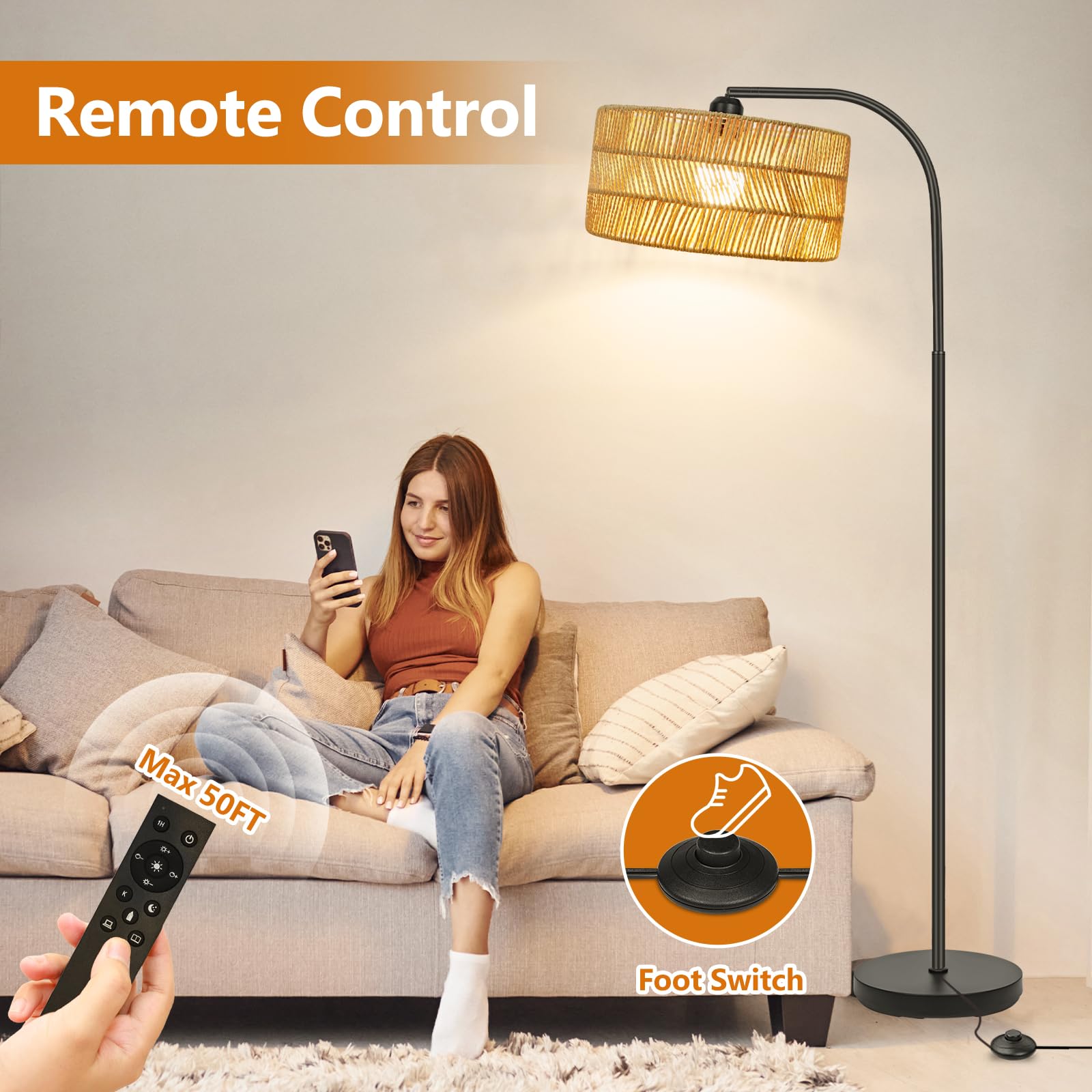 Brilvibera Rattan Floor Lamp- Boho Floor Lamp For Living Room, Rattan Standing Lamps With Dimmable Bulb, Adjustable Rattan Lamp Shades Bohemian Over Couch Lamps For Bedroom, Office