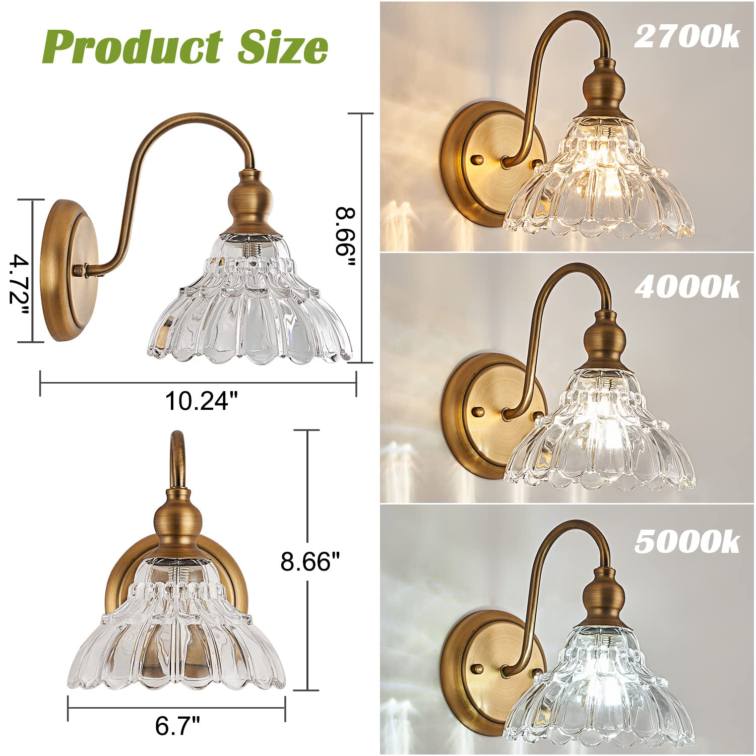 TLOLGT 2-Pack Brass Modern Wall Sconces, Glass Lighting Fixtures for Bedroom, Bathroom, Hallway - Model XZ-W111-2P