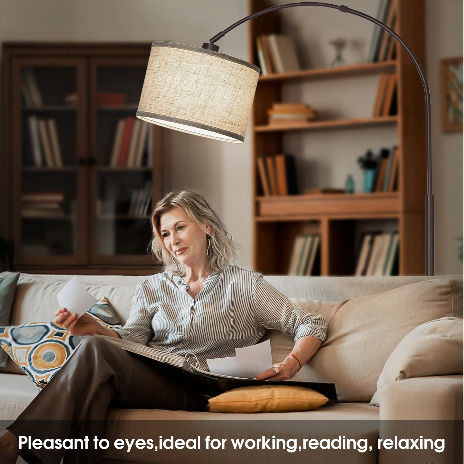 Dimmable Arc Floor Lamp, Floor Lamps For Bedroom, Farmhouse Standing Lamp With Adjustable Hanging Shade, Brown Tall Pole Lamp, M