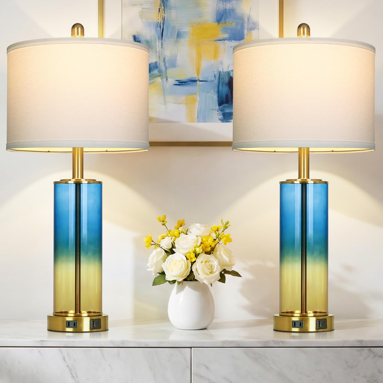 Ruzectt 26 Blue and Gold Glass Lamps Set of 2, 3-Way Dimmable Touch Coastal Bedroom Table Lamp with USB C+A Ports & AC Outlet, E