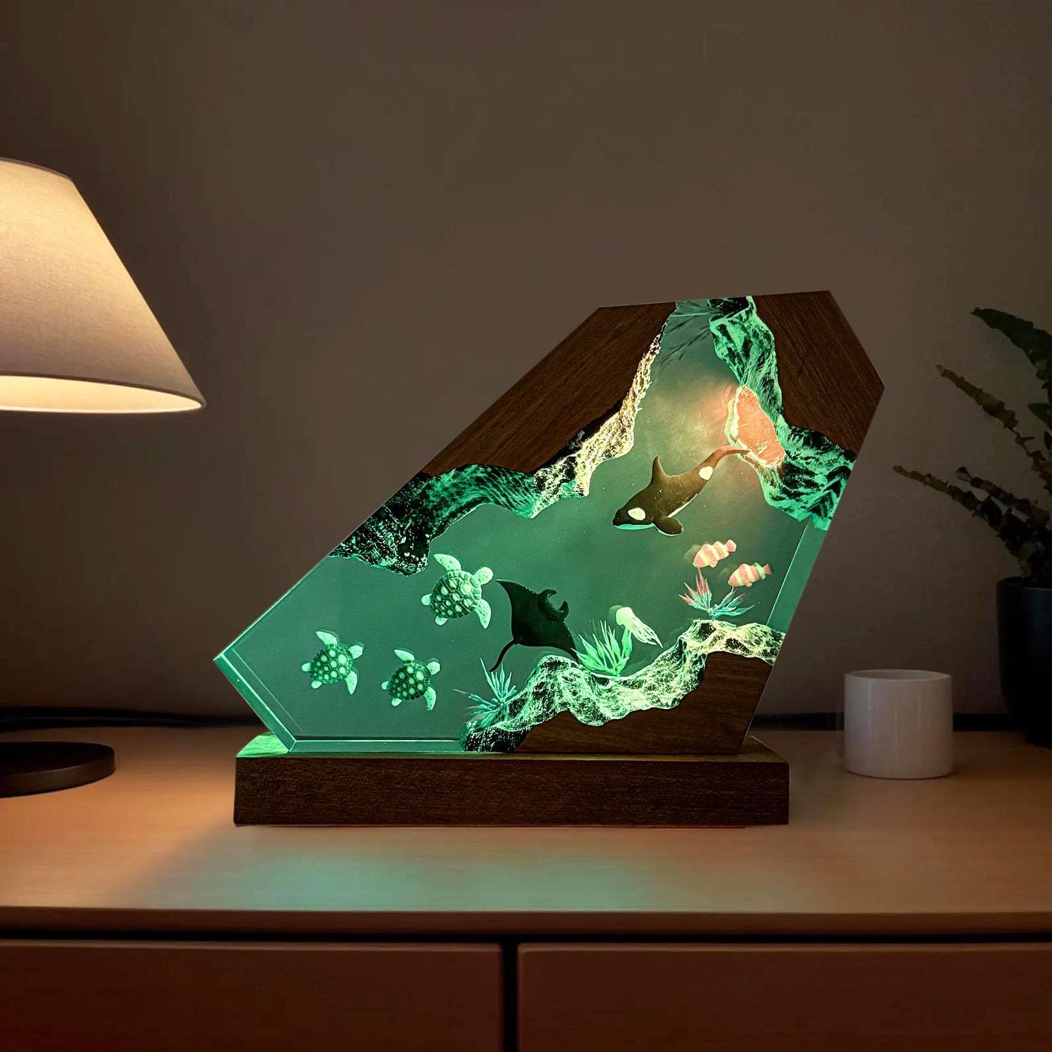 Orca Ocean Resin Lamp  Handmade Wooden Table Resin Night Light  Usb Port Art Ornaments For Home Office Decor  Scuba Diver Gifts For Birthday Holiday  Unique Thanksgiving Day And Christmas Gifts