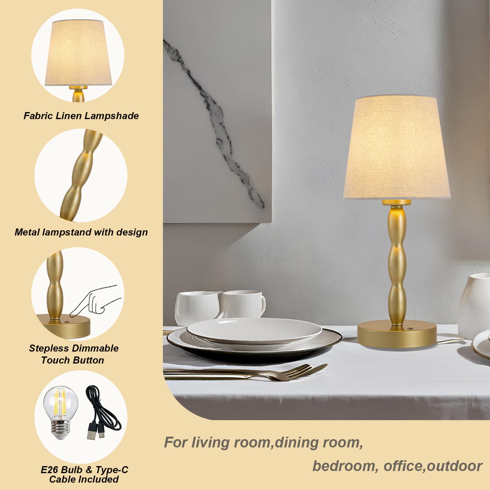 CASTLELIFE Portable Cordless Table Lamp, Rechargeable, 3-Level Brightness, Gold, Model CL8433-JS
