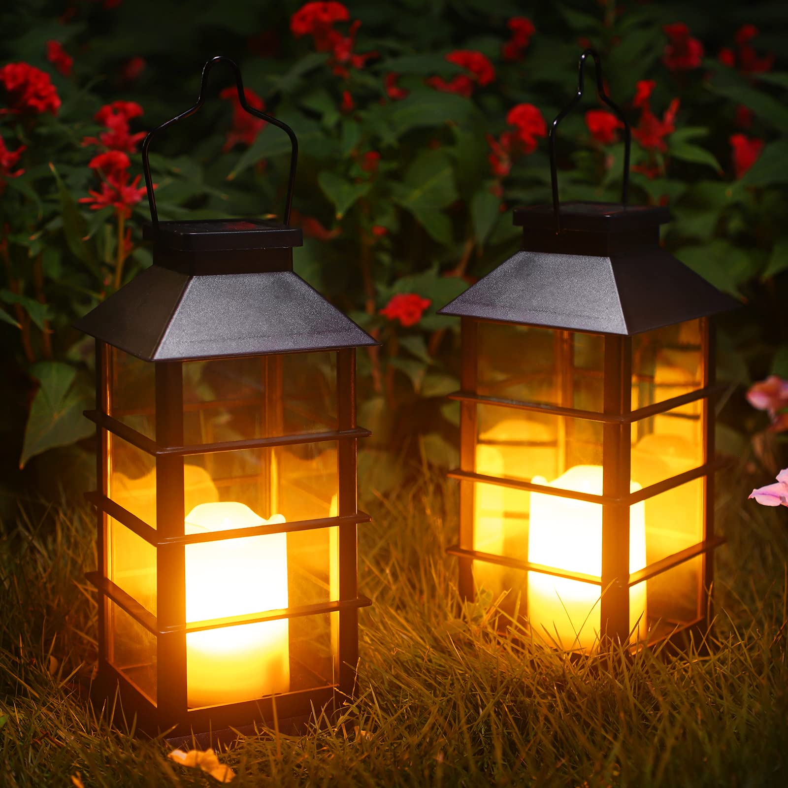 2 Pack Christmas Solar Lantern,Outdoor Garden Hanging Lantern-Waterproof LED Solar Lanterns Plastic Flickering Flameless Candle Mission Lights for Christmas Table, Outdoor, Party Decorative (Black)