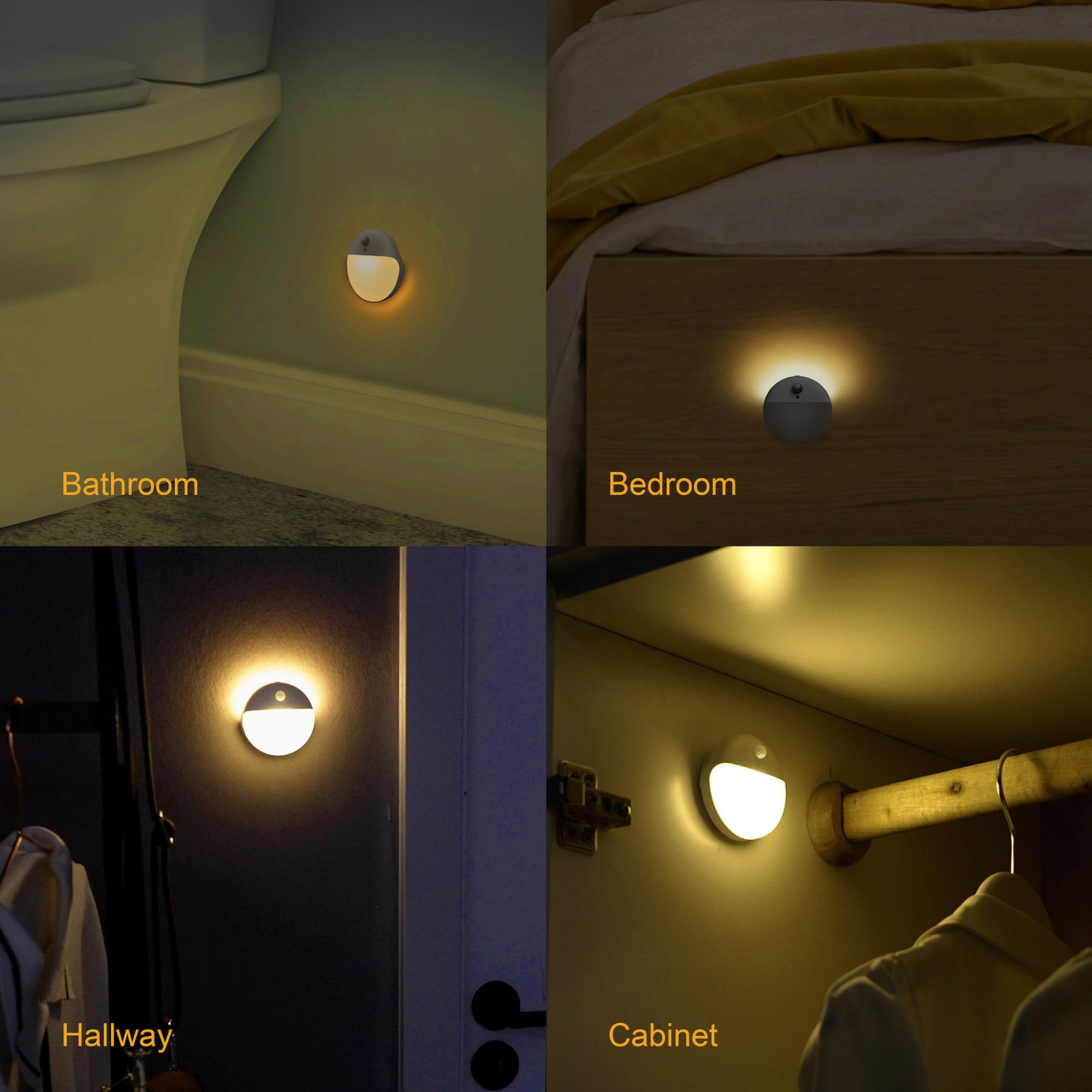Yunlex 2 Pack Motion Sensor Night Light, Gold Yellow, 3 Lighting Modes, Stepless Dimming, Battery-Powered, Dimmable Led, Suitabl