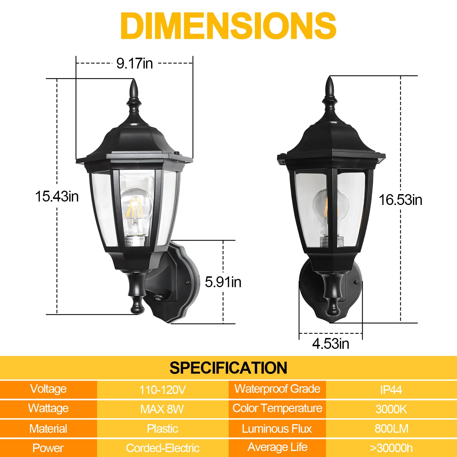 FUDESY Outdoor Wall Light - Dusk to Dawn Sensor, Black Plastic, LED Edison Bulb, 2-Pack, Model FDS2542PS-B2
