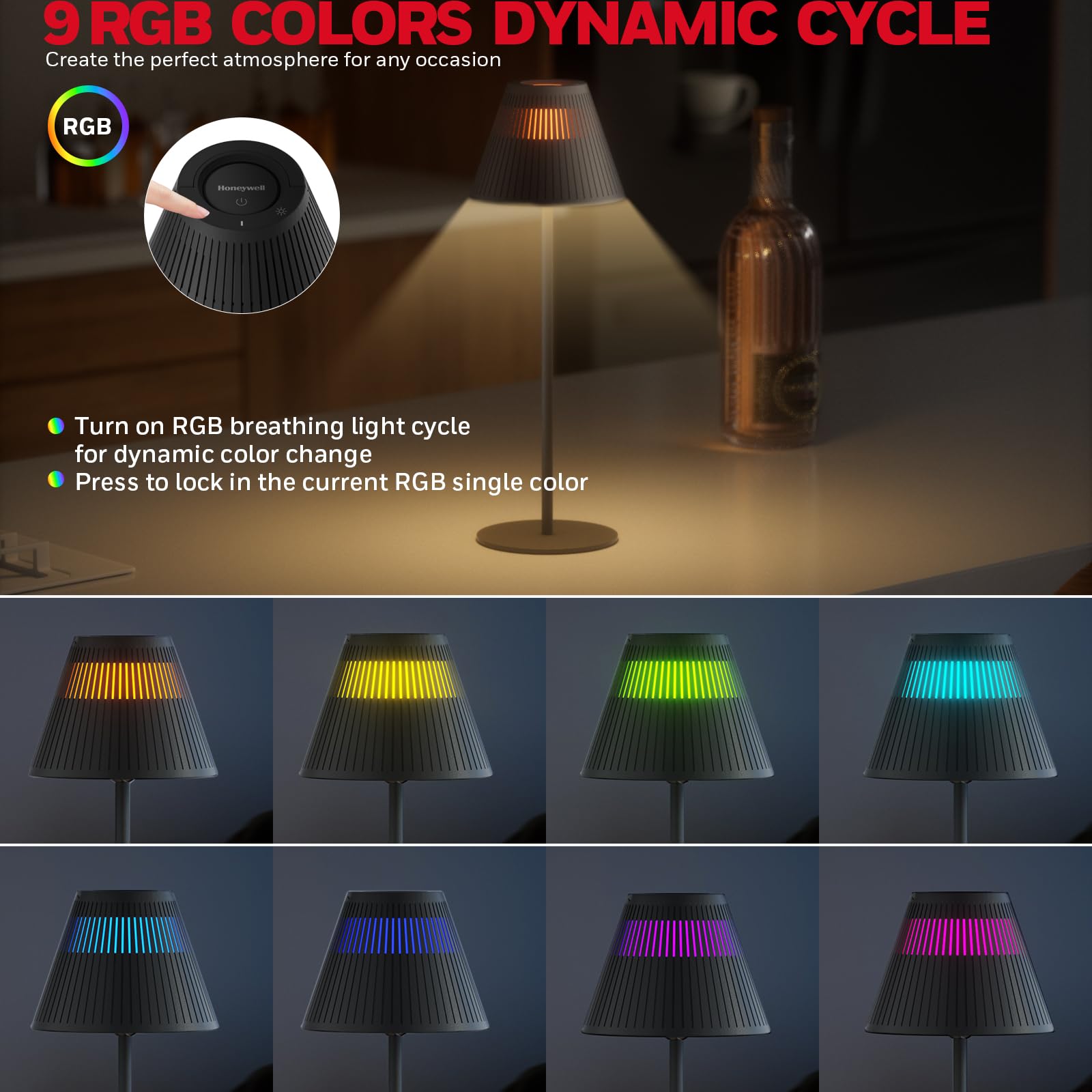 Honeywell M1 Sunturalux Cordless LED Desk Lamp, 5200mAh Battery, 4-Color Dimmable Touch Control, Black-5000K, 1 Pack