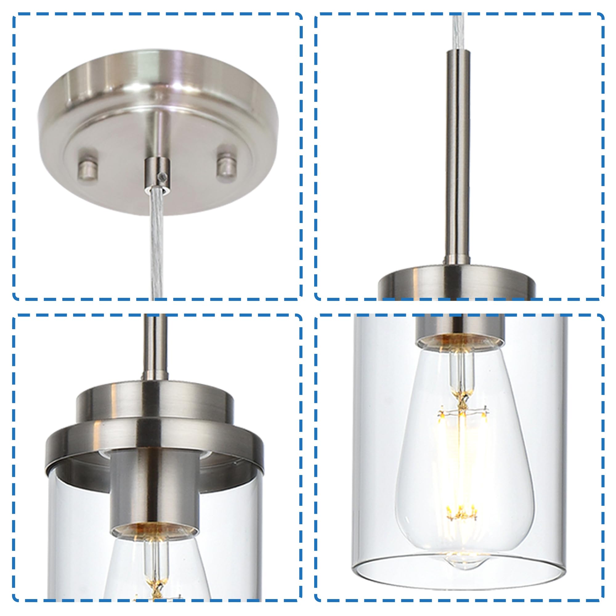 MELUCEE 3 Pack Brushed Nickel Pendant Lights, Adjustable Clear Glass Shade, Modern Ceiling Lamp for Kitchen Island, Model 4-4501-3P-3SN