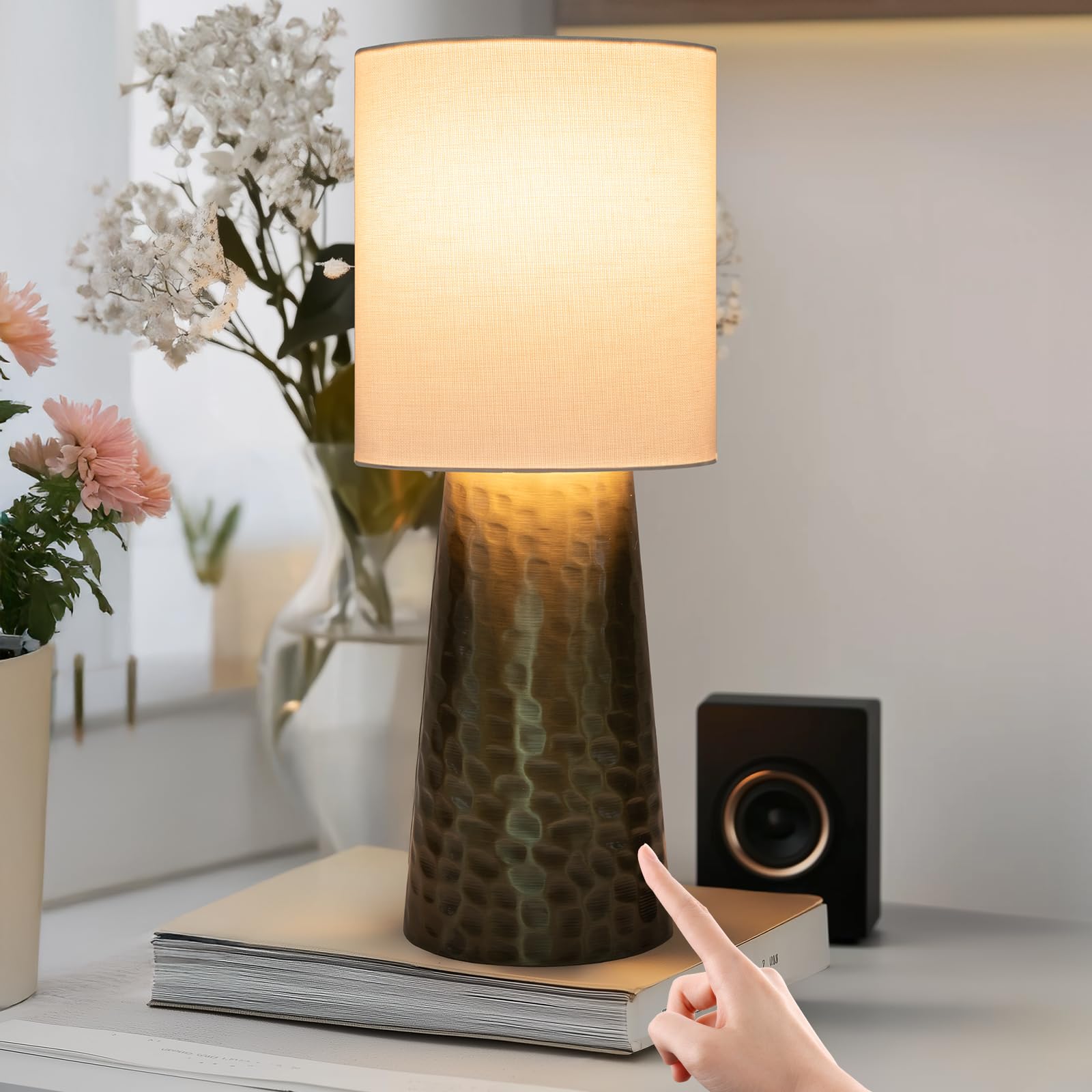 Qingjiamen Touch Control Table Lamp, 13in Small Mid Century Modern, Bronze Cylinder, Metal, Linen Shade, Model AT4101