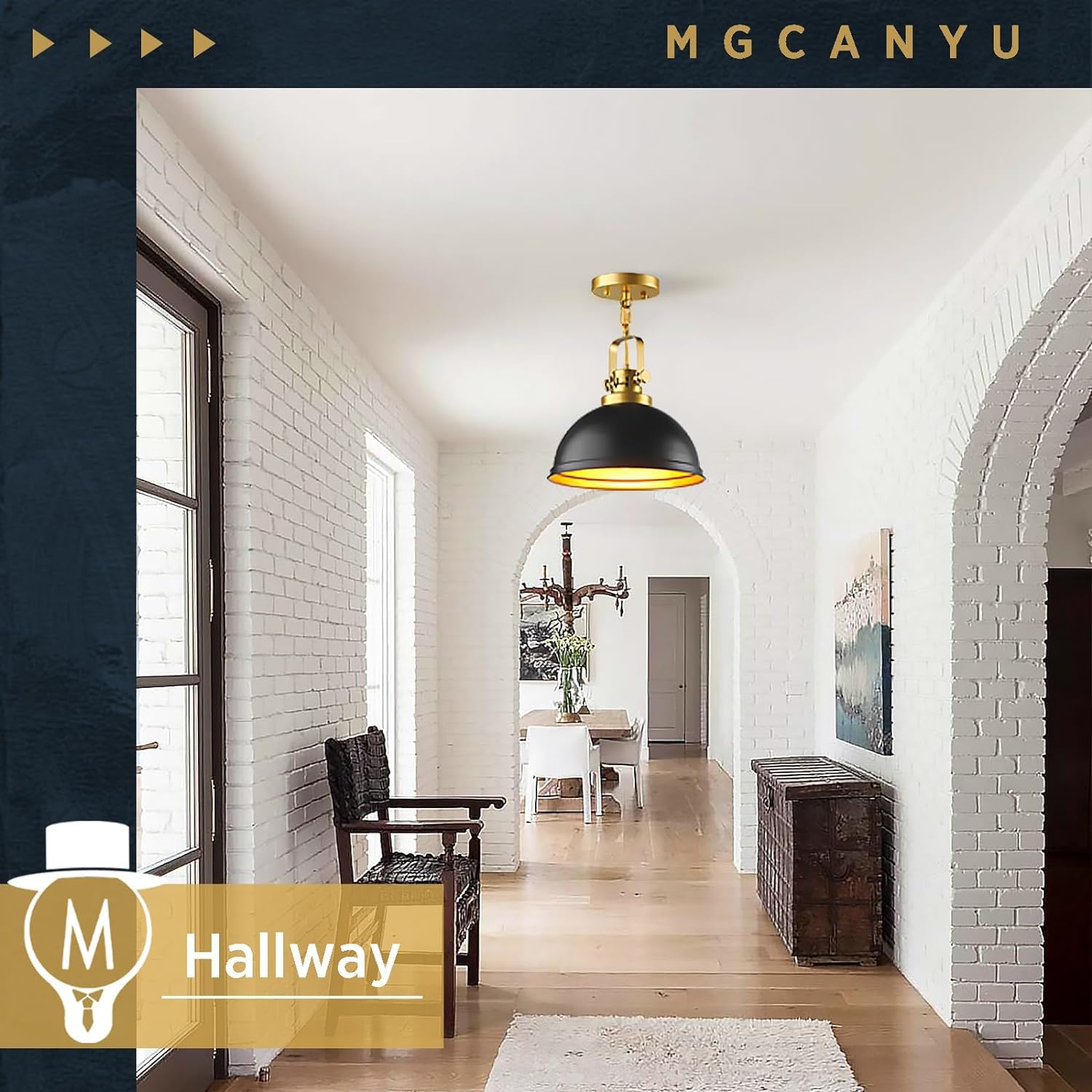 Mgcanyu 2-Pack Black Gold Pendant Lights, 12in Matte Black Metal Fixture for Kitchen, Dining Room, Industrial Style, Model M-XT-D