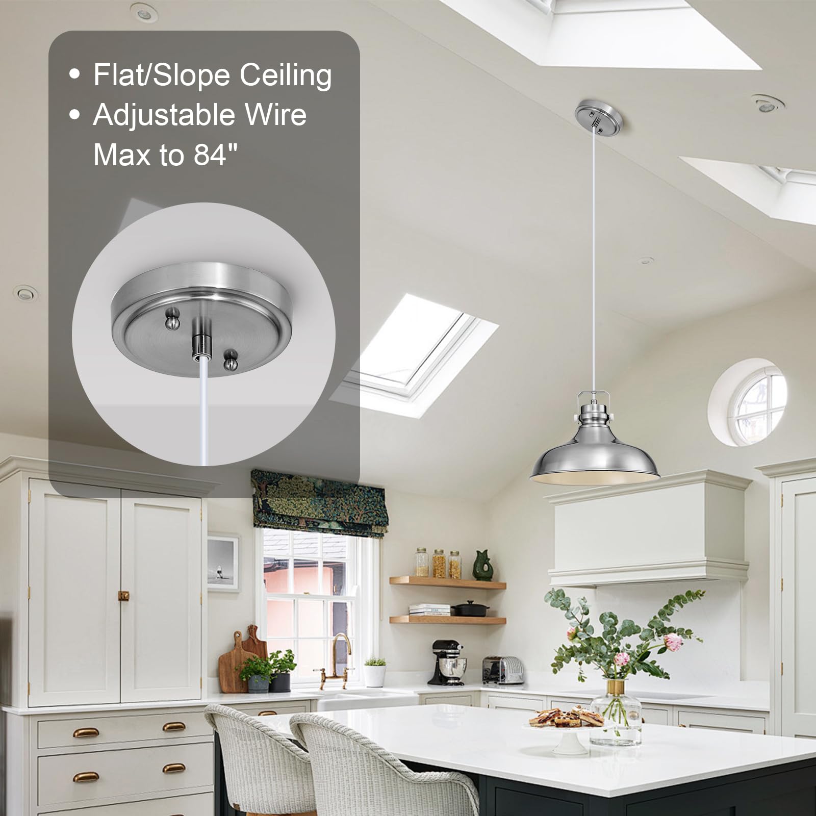 ALAISLYC Brushed Nickel Pendant Lights - Vintage Dome Fixtures, Adjustable Height, 2 Packs, for Kitchen Island & Dining Room