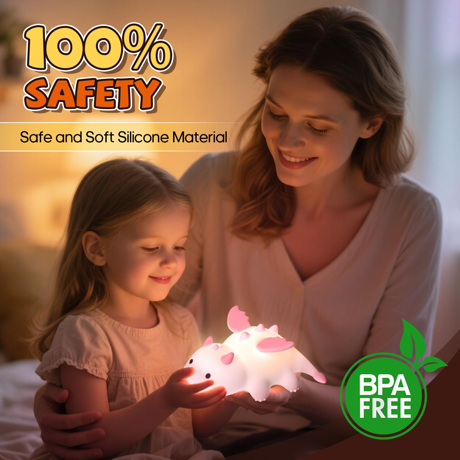 Gusweet Cute Dragon Night Light, Dimmable Silicone Lamp, 7 Colors, Rechargeable, Pink, Model: Axolotl