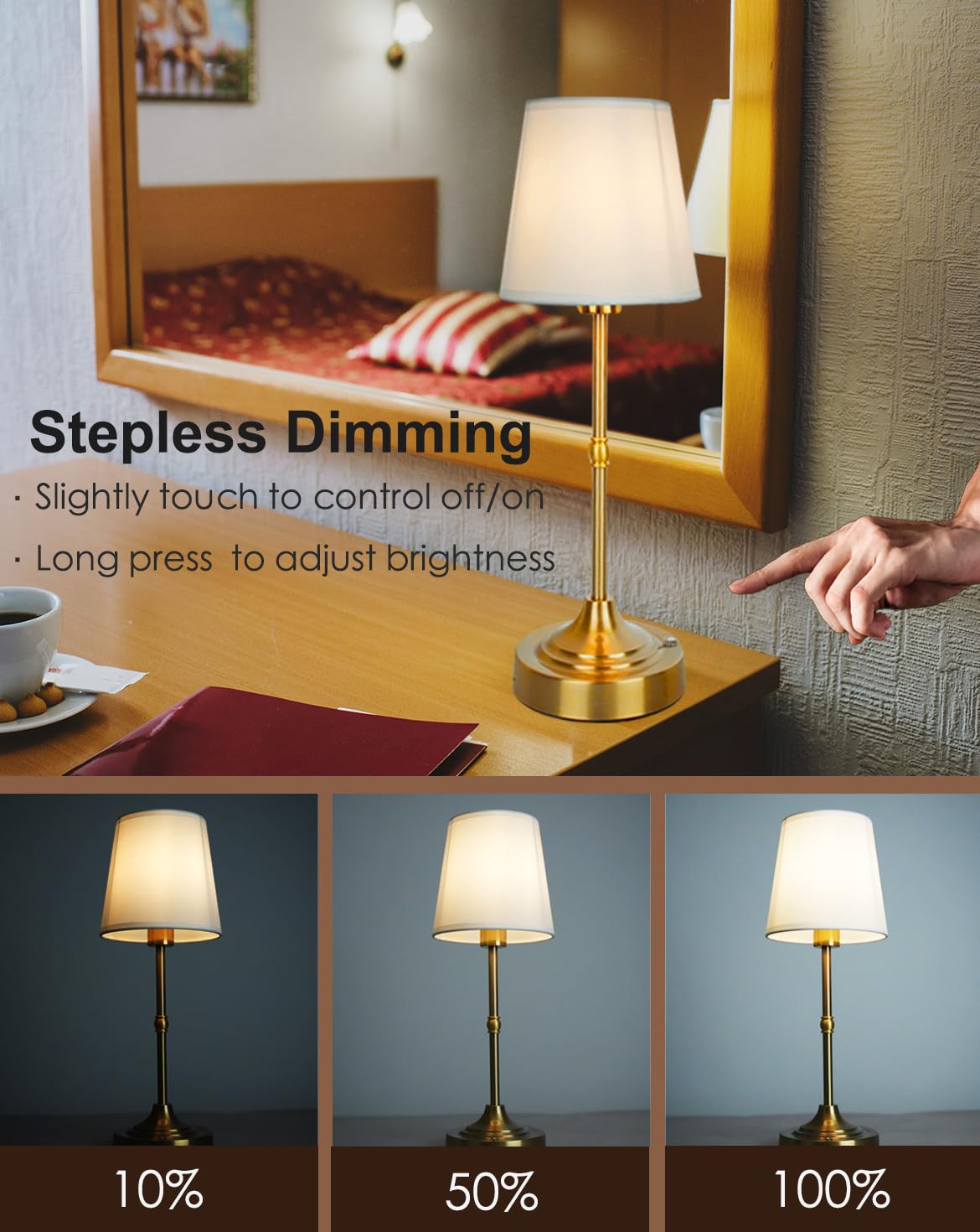 Zeyork Cordless Table Lamp, Led Table Lamp With Built-In Rechargeable Battery Touch Dimmable Control, Waterproof Led Desk Lamp F