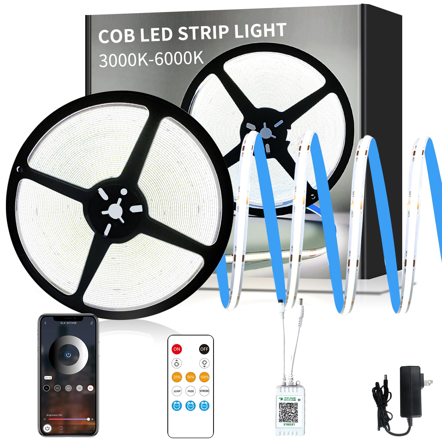 Yeewhale 50Ft Cob Led Strip Lights 6000K White Dimmable Dc 24V Flexible Led Tape Light For Bedroom, With Remote And App Control Led Light Strip,For Diy Home Decoration