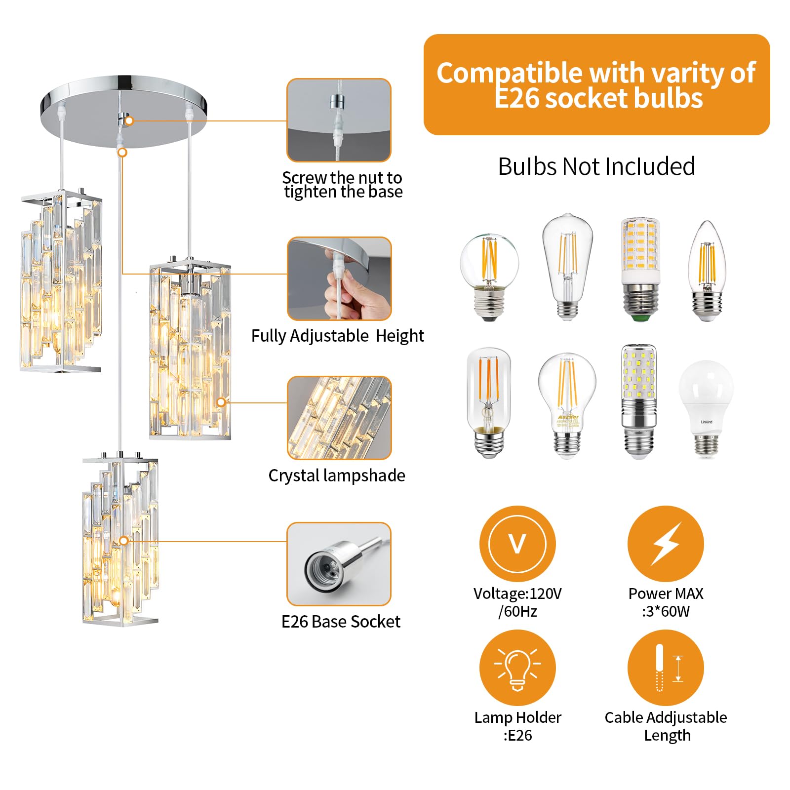 Fdpby Chrome Pendant Lighting Modern Pendant Light, Mini Crystal Chandeliers,Adjustable Pendant Light Fixture For Kitchen Island Dinning Room Bedroom (3 Light)