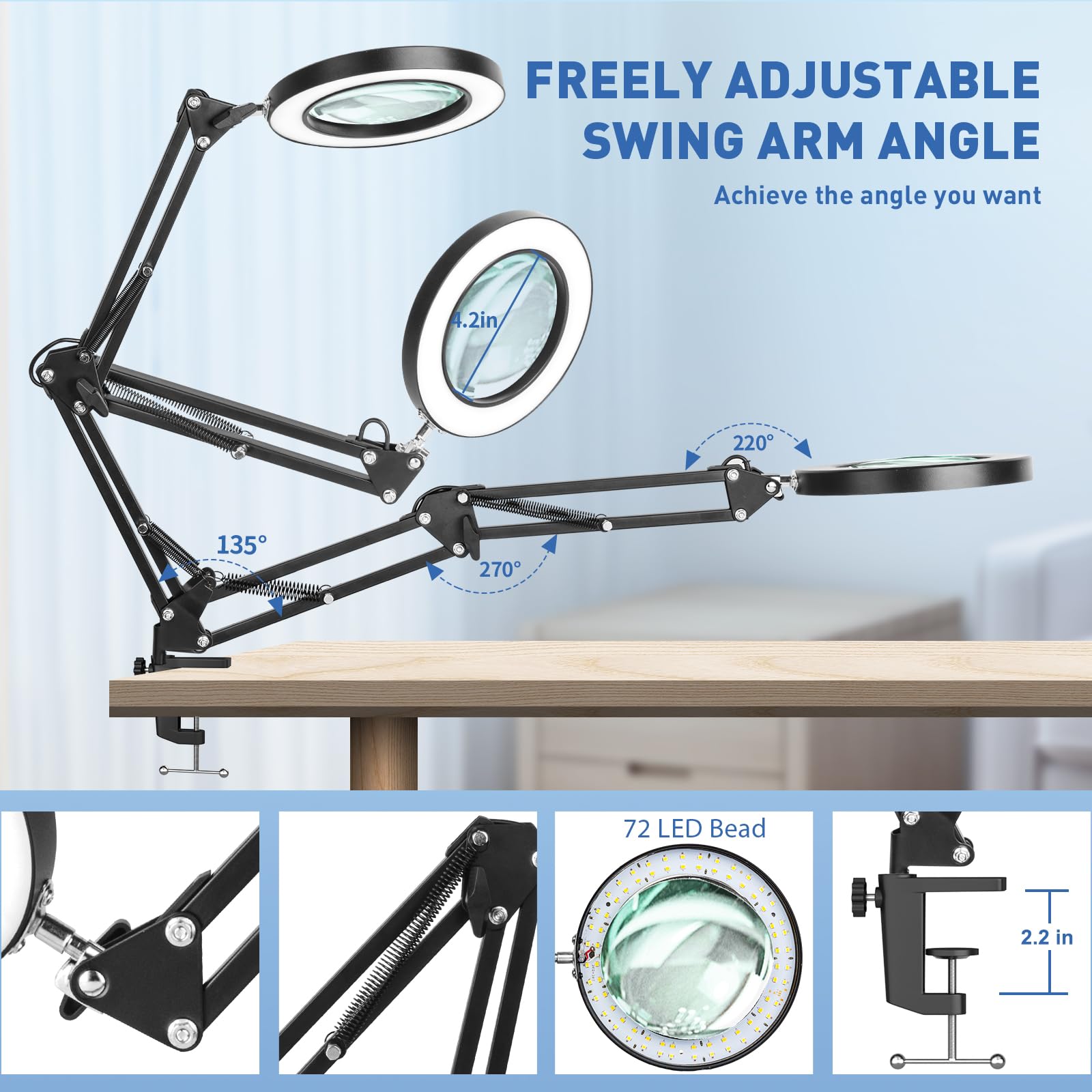 HITTI 10X Magnifying Glass with Light - Stepless Dimming, 3 Color Modes, Metal, Black, Desk Clamp Lamp for Reading and Crafts
