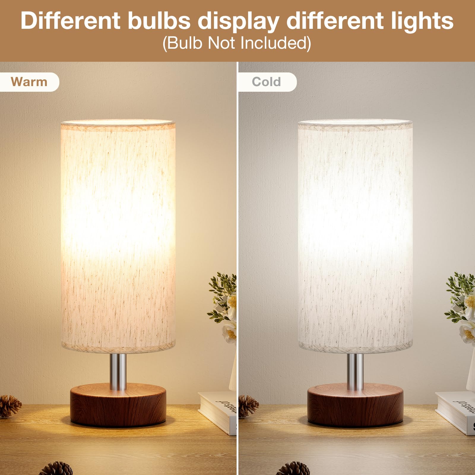 PartageiZ Small Table Lamp Set of 2 - Cream Shade, Walnut Base, 11.6in Inline Control, Ideal for Bedroom, Living Room, Office