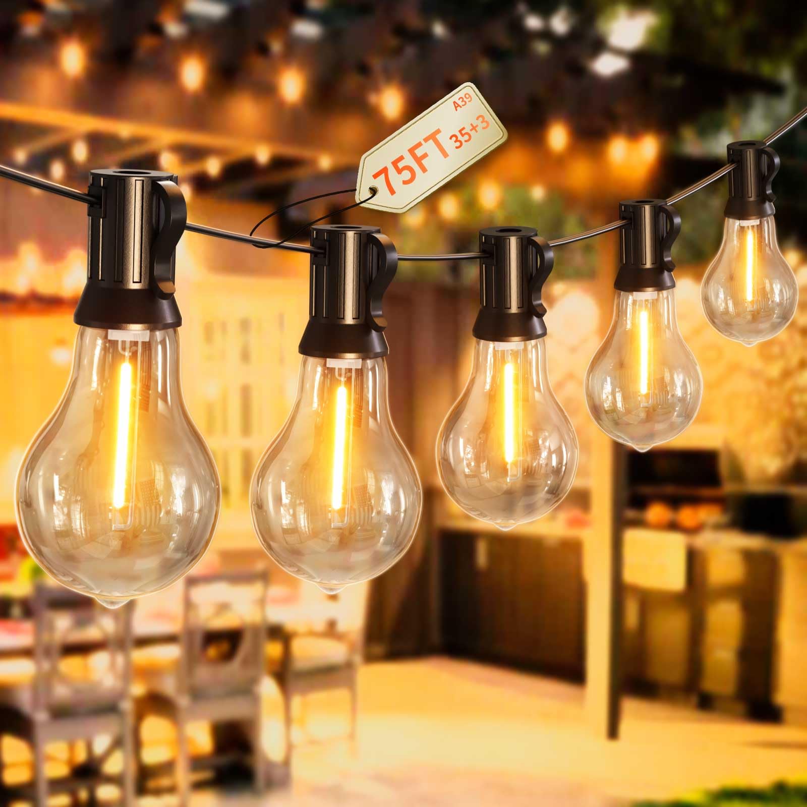 Pogestrand Outdoor String Lights 75FT Patio Lights with 35+3 A39 Waterproof Edison Bulbs LED String Lights for Outside Bistro, B