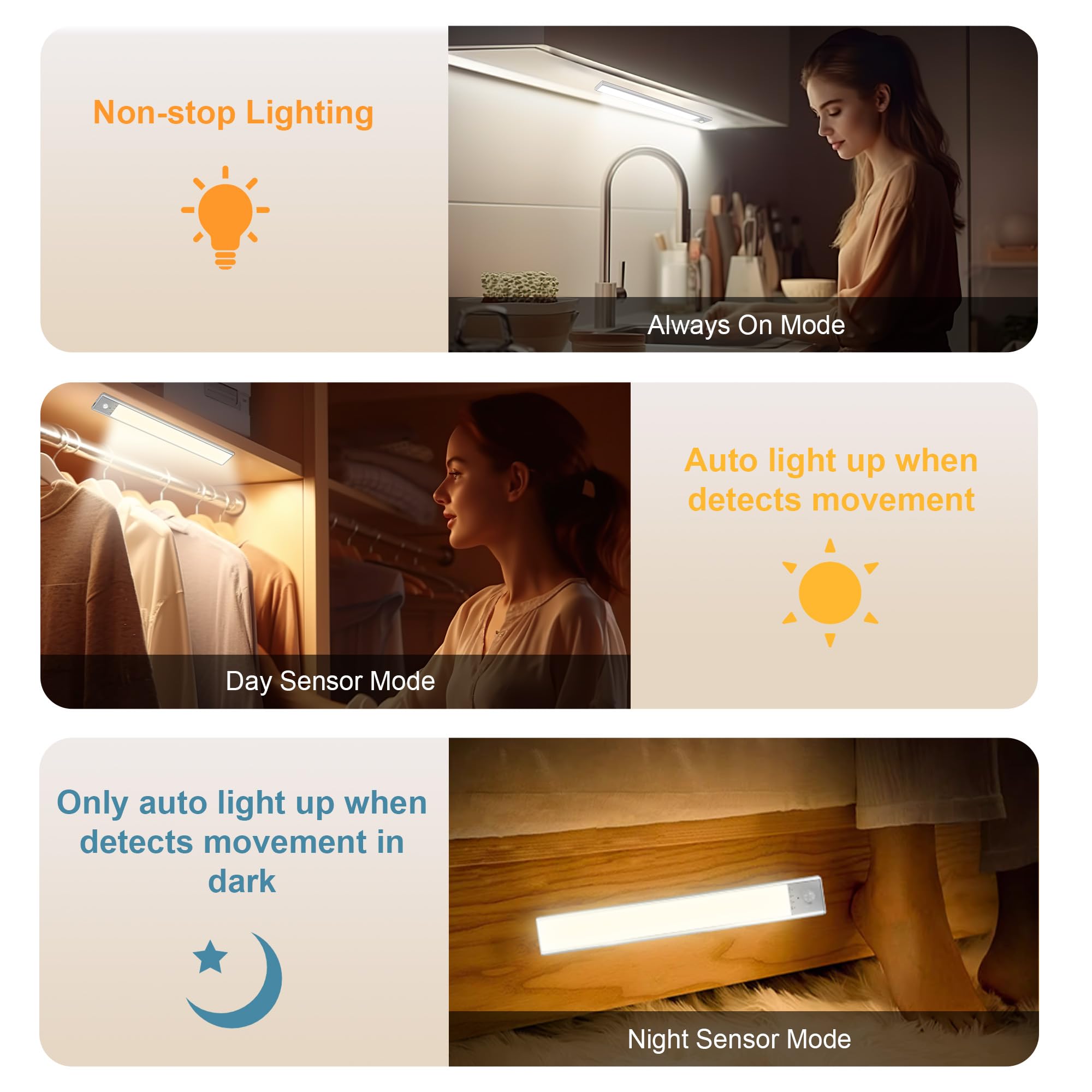 Under Cabinet Lights With 3 Color Temperature, 2 Pack Dimmable Rechargeable Battery Operated Lights, Magnetic Wireless Motion Sensor Light Indoor, 64 Led Under Cabinet Lighting, Closet Lights, 2000Mah