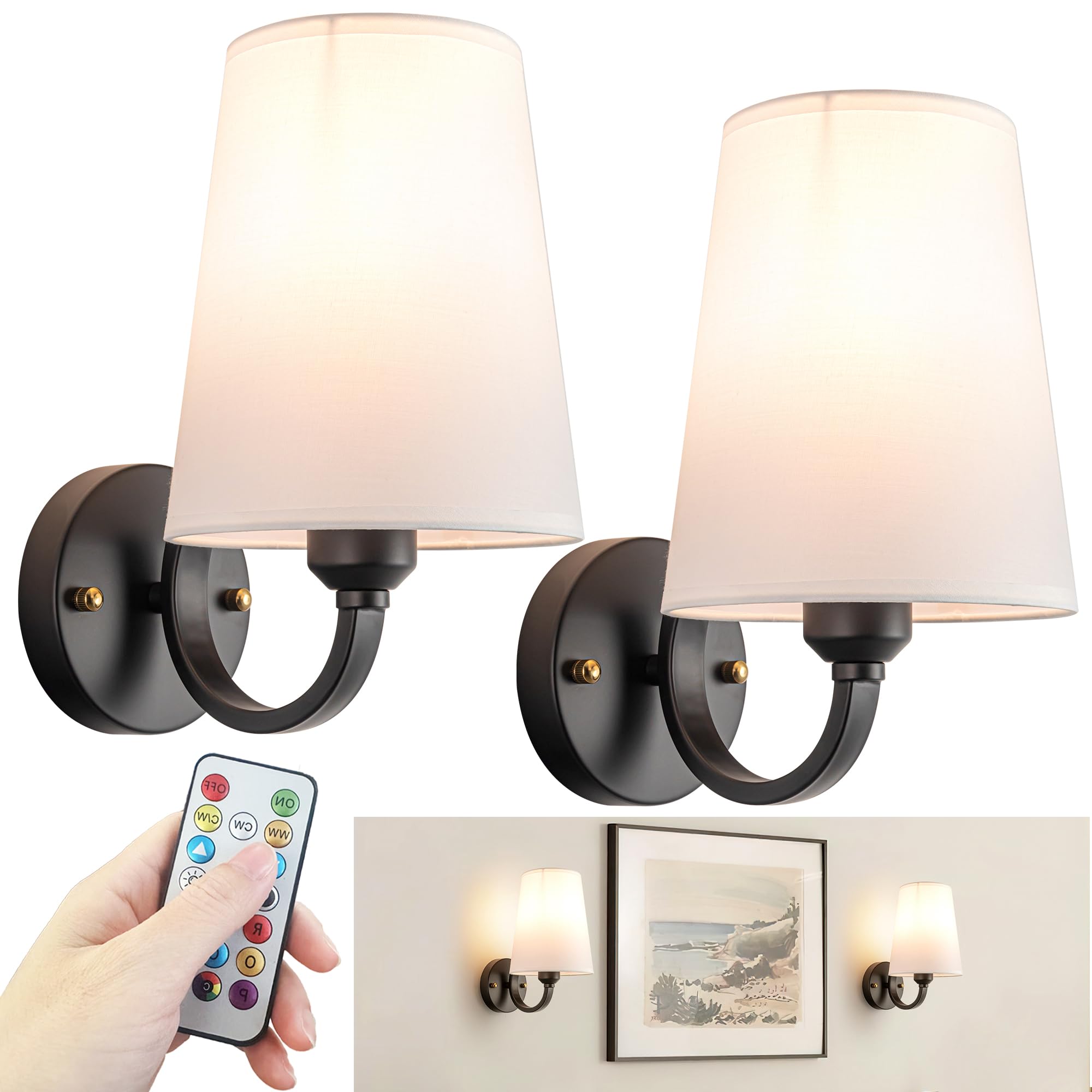 Slywise Battery Operated Wall Sconce Set Of 2, Rechargeable Rgb, Fabric, Black