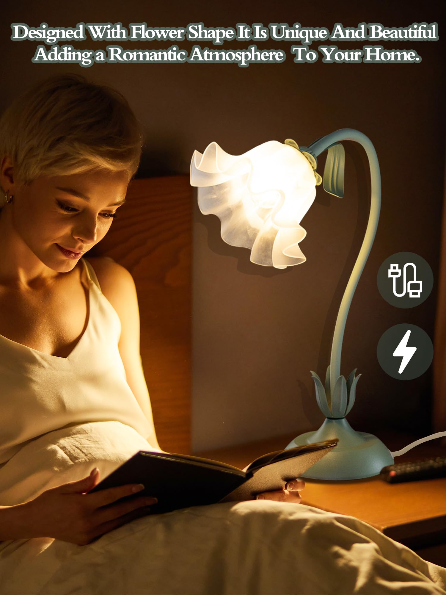 AQDZCNF Flower Table Lamp, LED Bedside Light, 3 Color Modes, Vintage Design, Green