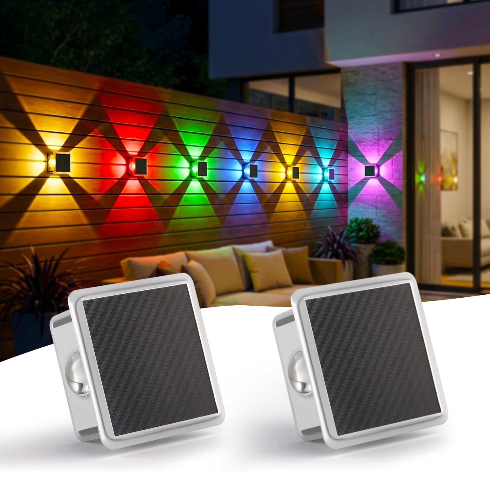 HydeSolar Solar Fence Lights 2 Pack - RGB Color Changing + Warm White, Dusk to Dawn 4-Sided Outdoor Decorative Lights for Fence,