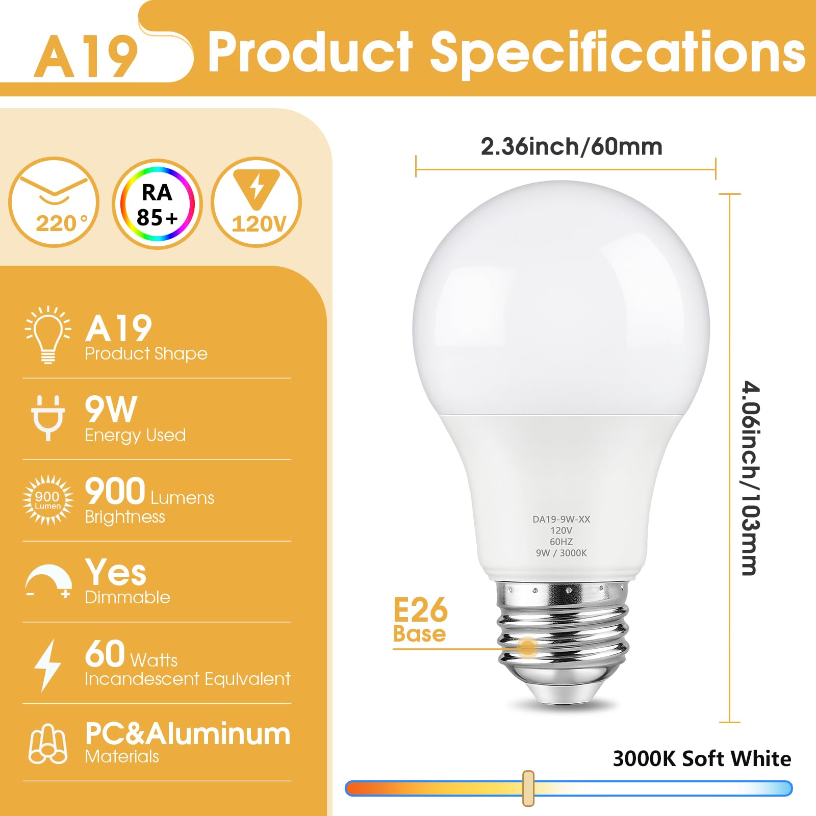 Maylaywood A19 Led Light Bulbs, 60 Watt Equivalent, Soft White 3000K, 900Lm, E26 Base, Dimmable, 9W Bright White Led Bulb, 12-Pa
