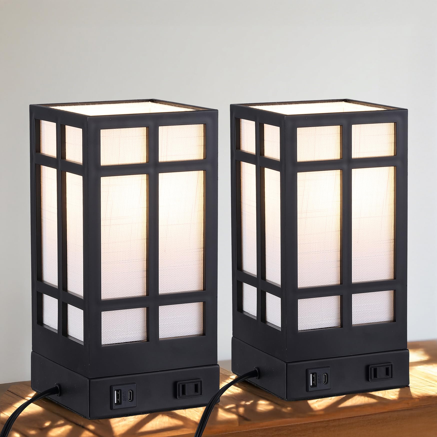 Beside Table Lamp set of 2 with AC Outlet  USB A & C Charging Port Small Rectangular Nightstand Lamp with Bamboo Linen Shade LED Bulbs Included Tabletop Reading Lamp for Living Room/Dorm/Office