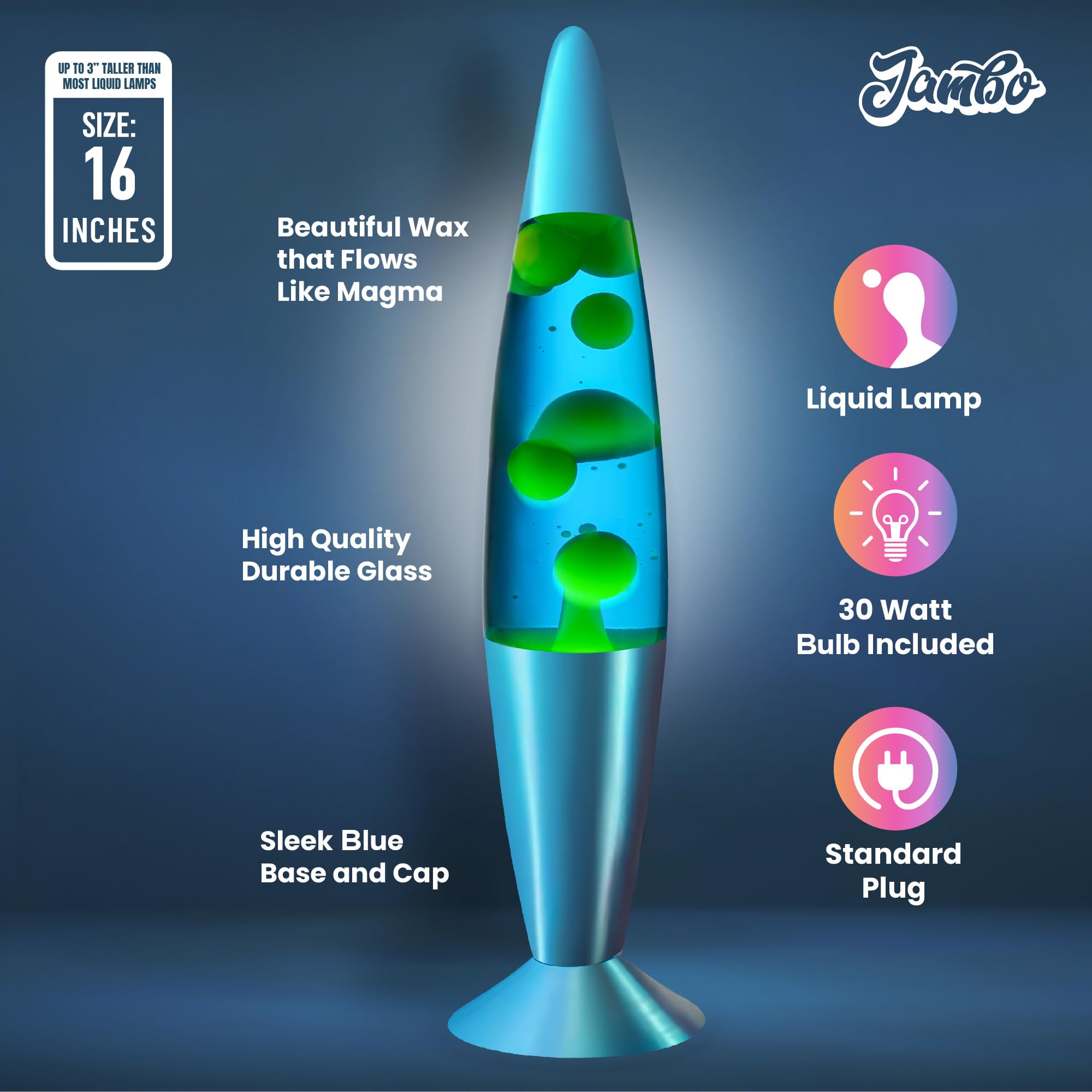 Jambo Liquid Motion Lamp - 16" Glass Lava Lamp with Blue Base, Blue Liquid, Yellow Wax - Fun for All Ages