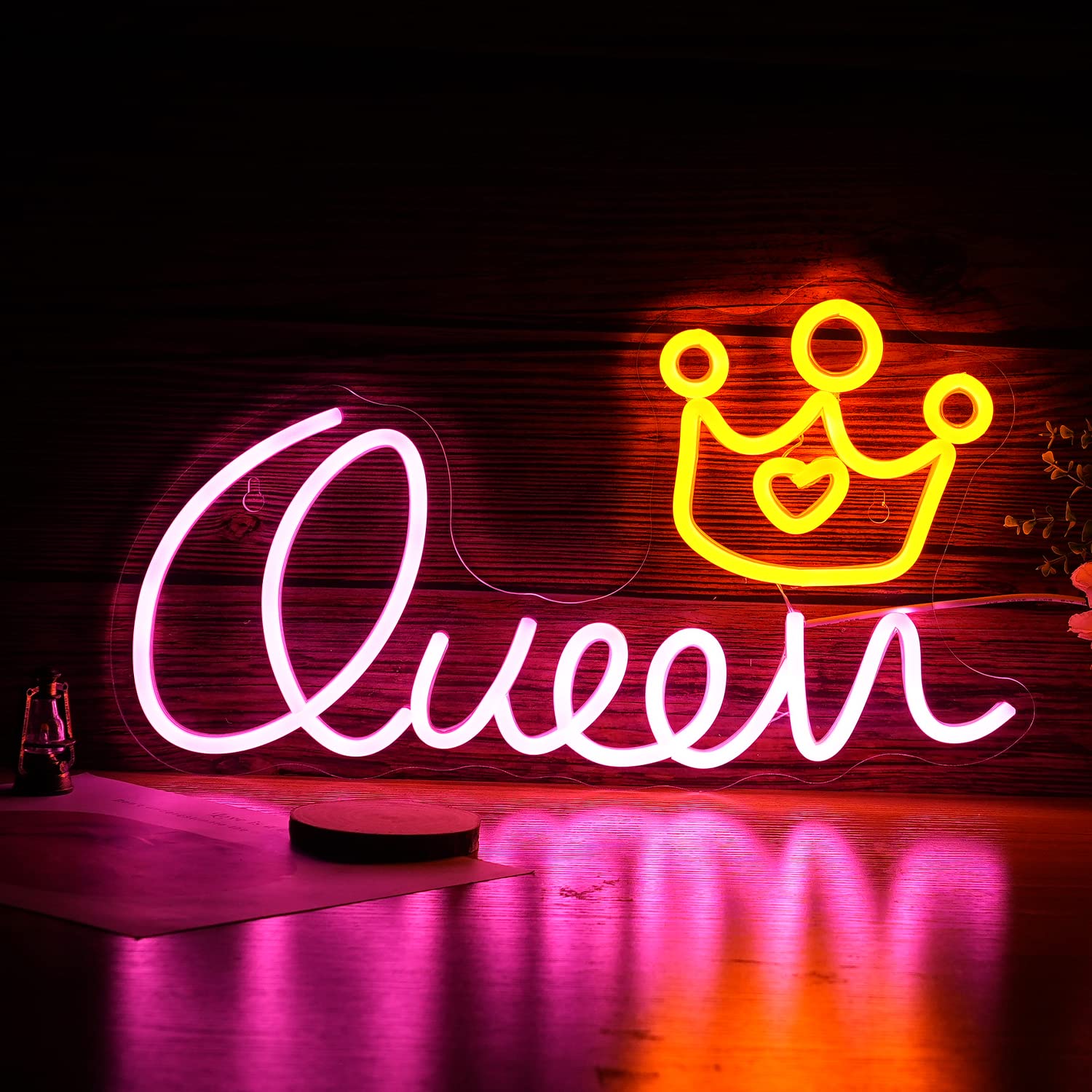 LISIGNVE Queen Neon Sign LED Light Dimmable USB Powered 16.5inx9.3in Pink Yellow Wall Decor for Kids Room Birthday Party