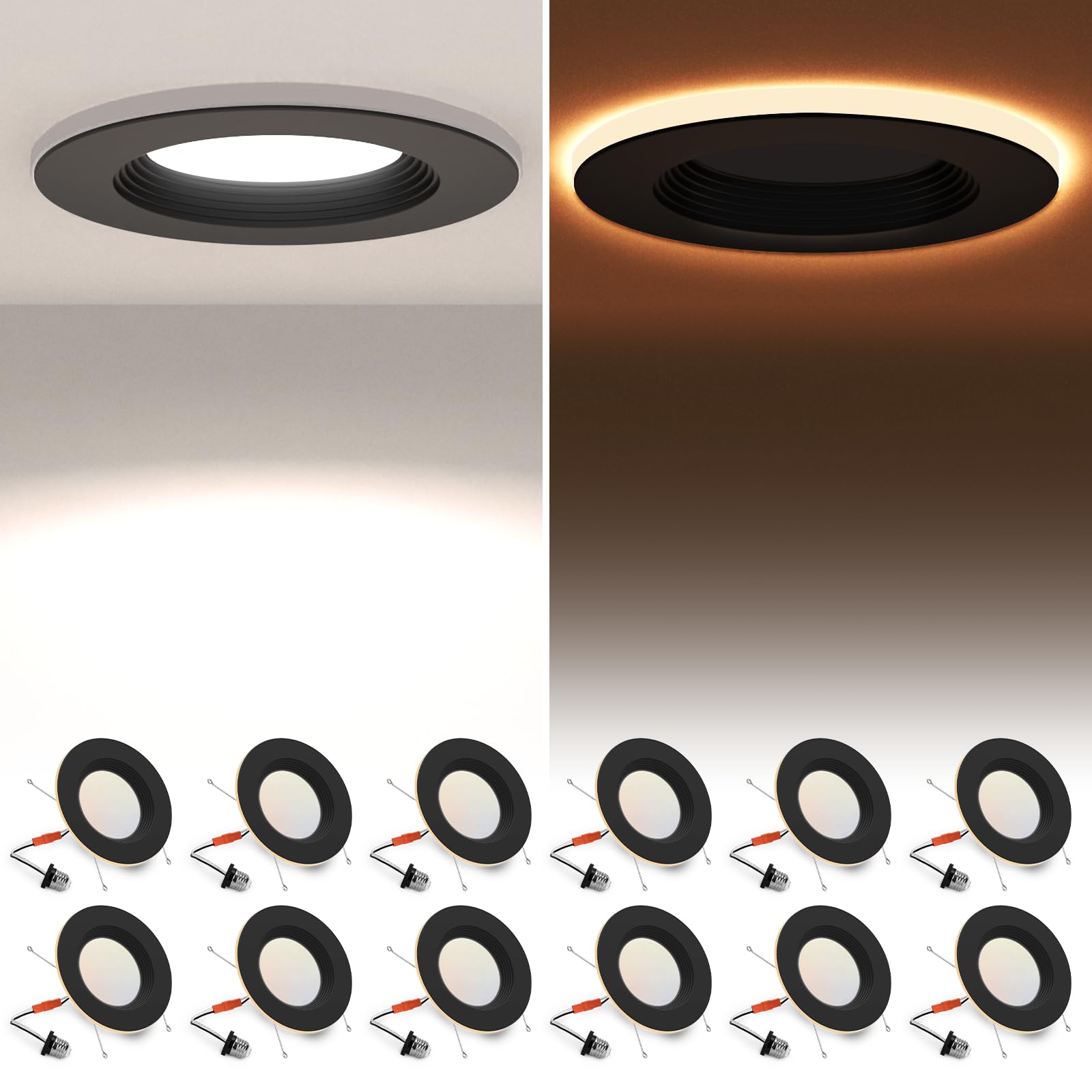 POWERASIA 12 Pack Black 5/6 Inch LED Can Lights with Night Light, 5CCT Retrofit Recessed Lighting Selectable 2700K-6000K Dimmabl