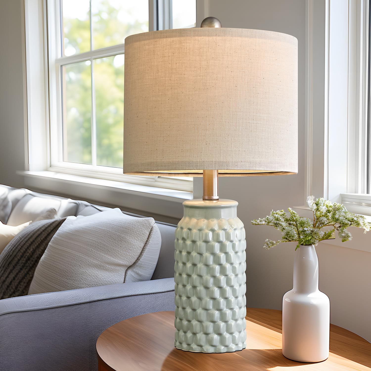 Usumkky 20.5 Inches Modern Ceramic Green Bedside Lamp Set Of 2 For Bedroom Decor Farmhouse Table Lamp For Living Room Office Dor