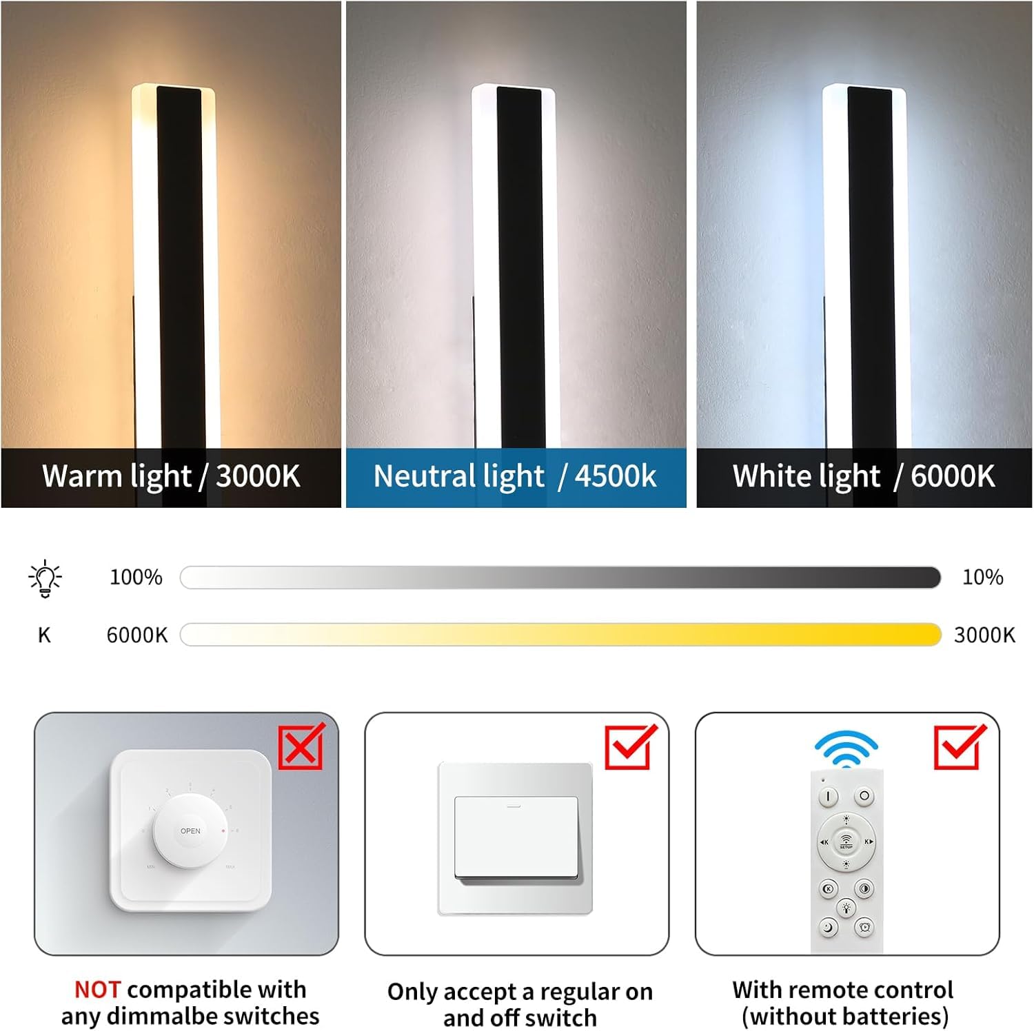 Daoseolo 2 Pack 23.6" Dimmable Outdoor LED Wall Sconce, IP65 Waterproof, Black Aluminium, Remote Control, Model TC-FTBD-TG-60-2
