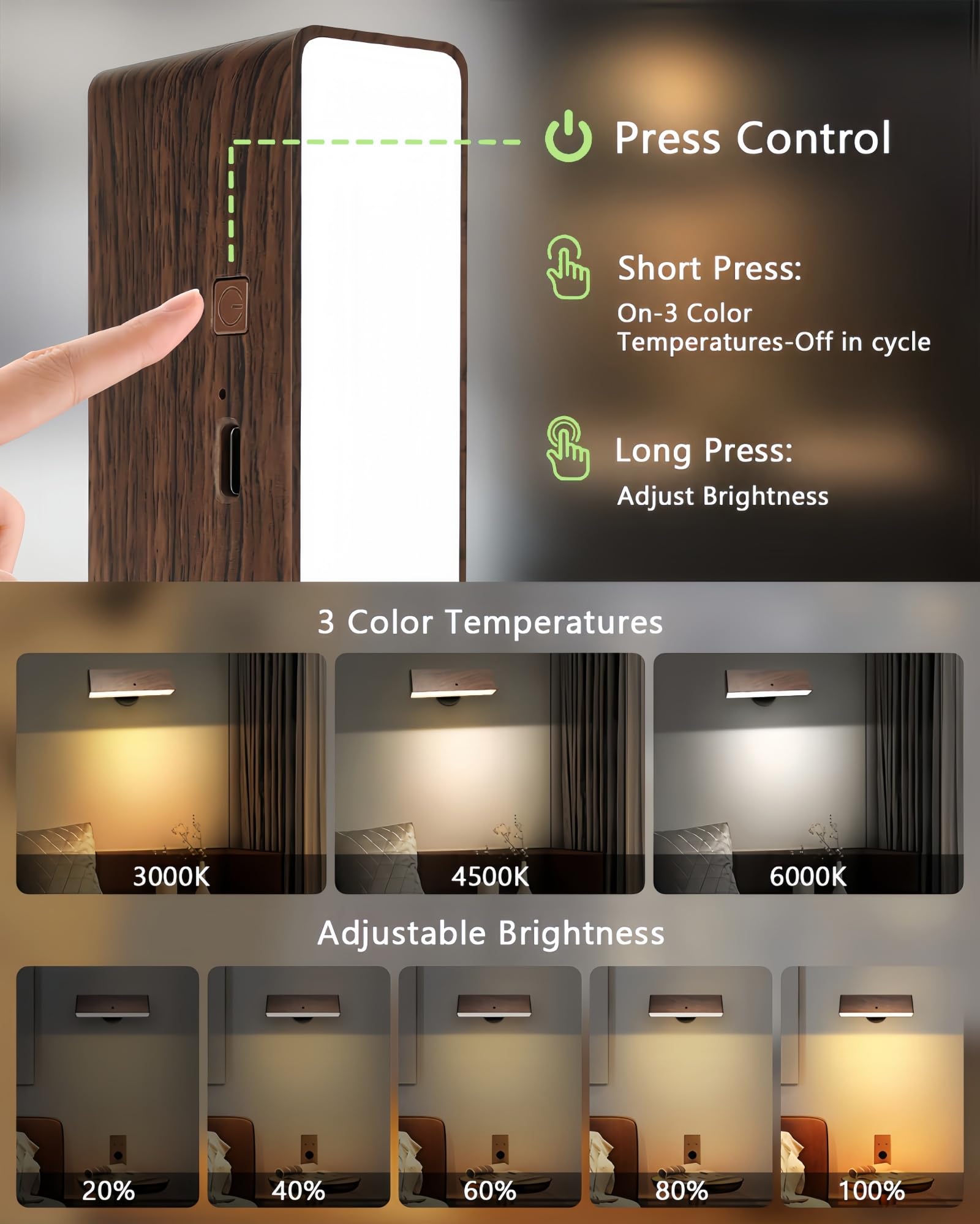 Battery Operated Wall Sconces Set Of 2: Wireless Rechargeable Wall Light With Remote&Button  360?Rotate Magnetic Scone Lighting Led Wall Mount Sconce Lamp For Bedroom Bedside Reading  Wood