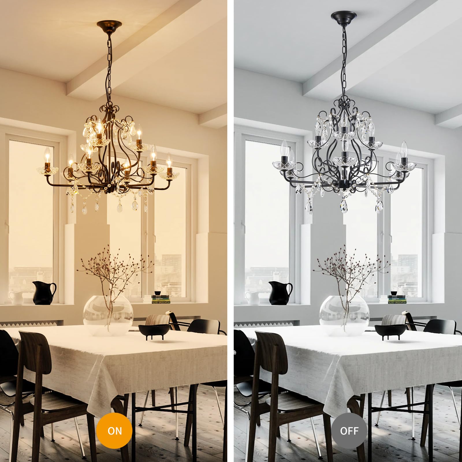 Wuzups 9-Light Crystal Candle Chandelier Pendant Flushmount Ceiling Light Modern Lighting Fixture For Bedroom Hallway Bar Kitchen Bathroom  H 18.1 X W 25.6  Black  E12 Base