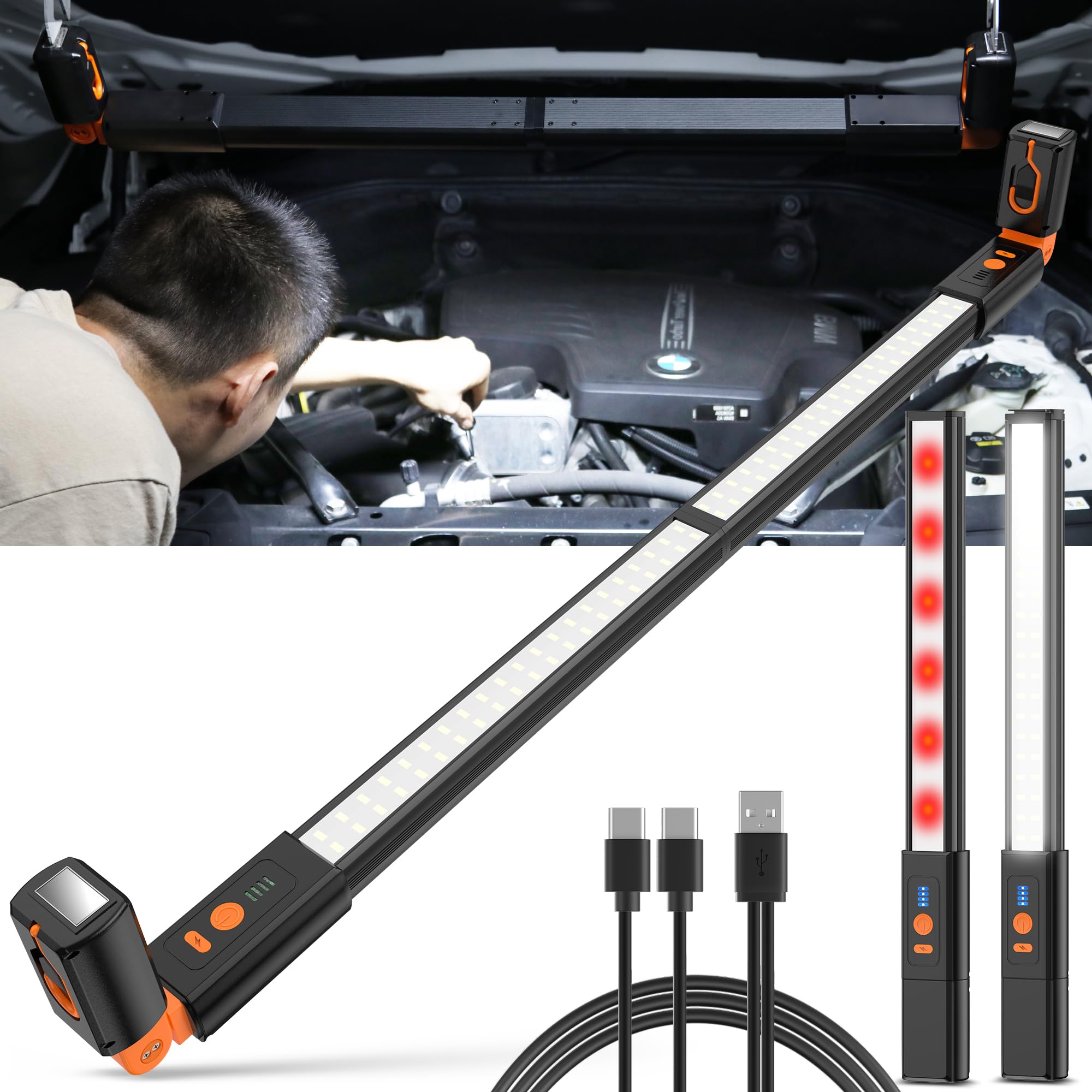 YiaMia Detachable LED Work Light Rechargeable, Aluminum Panel Long Underhood Work Light, 6000mAh Hood Light Bar with Magnetic an
