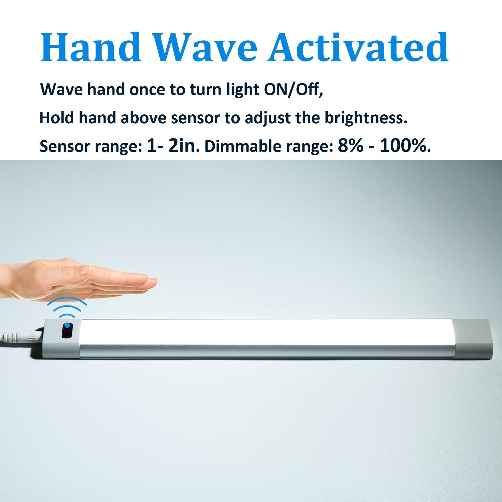 WOBANE Under Counter Lighting, 12in Dimmable LED Light Bar, Hand Wave Activated, Silver & White (6000K), Model CL15