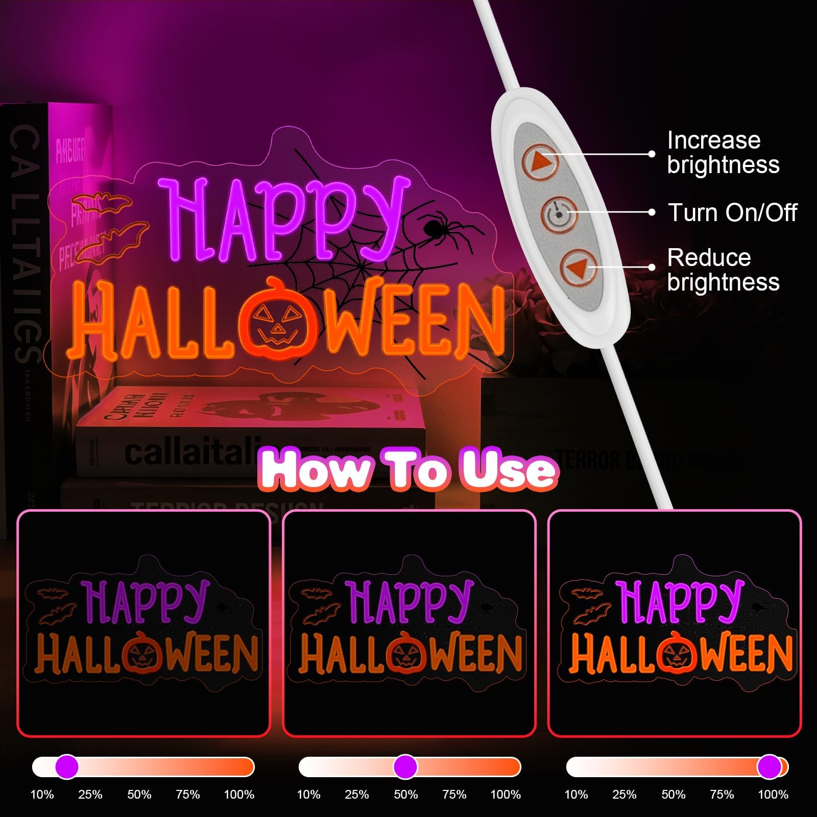Halloween Neon Sign For Halloween Wall Decor Dimmable Neon Light Bat & Pumpkin Light Up Signs For Halloween Bedroom Horror Party Bar Background Decoration