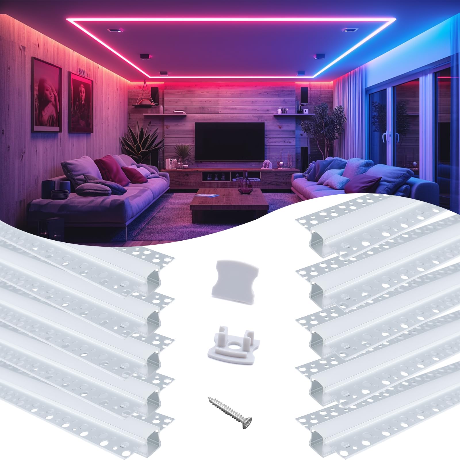 Muzata 10Pack 6.6ft/2M Plaster in LED Channel Trimless Recessed LED Strip Diffuser Channel Spotless Deeper Wider for Drywall Cei