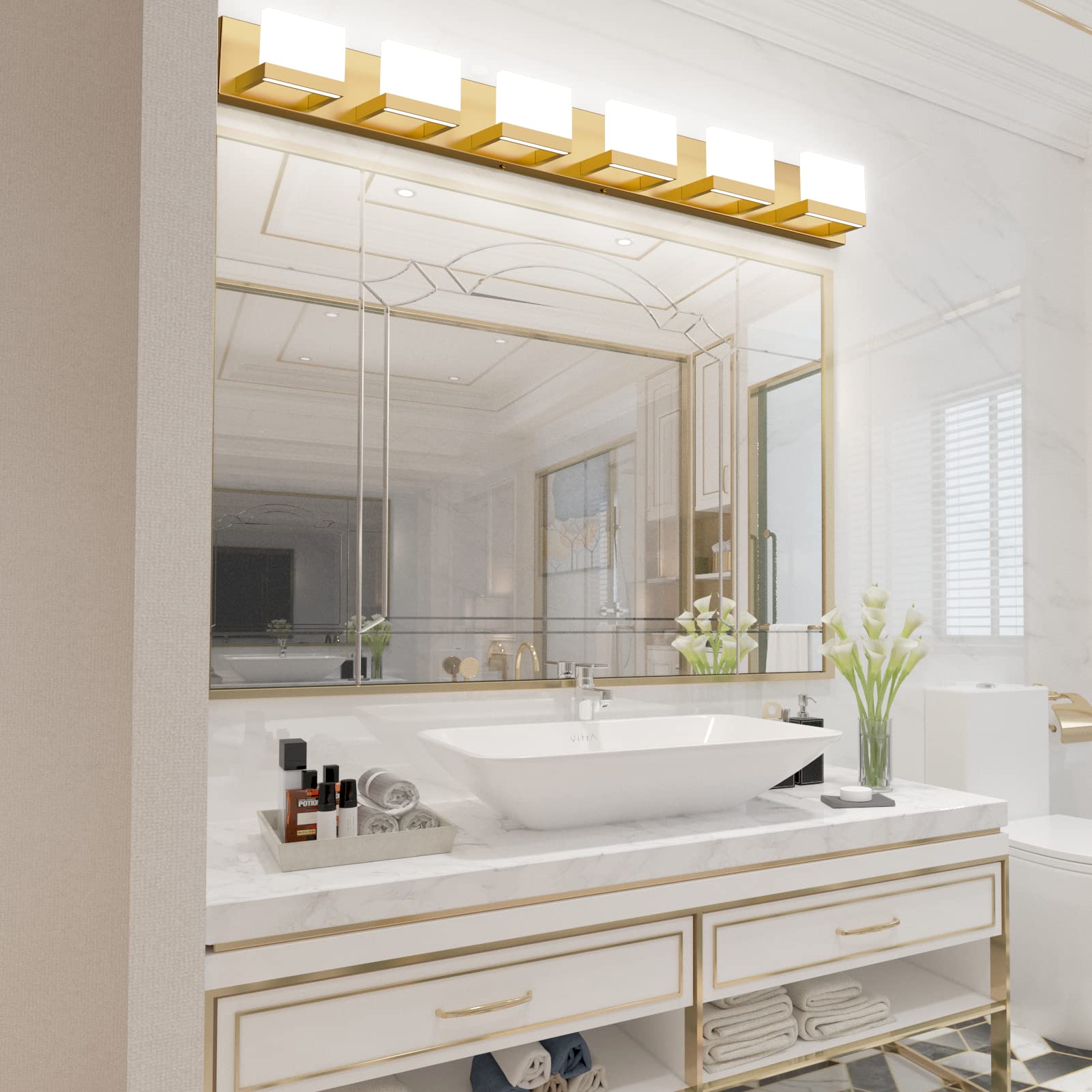 Tipace Gold LED Vanity Lights - 6 Lights Up and Down Wall Fixture, Matte Gold Aluminum, 6000K Brightness, Model 1103