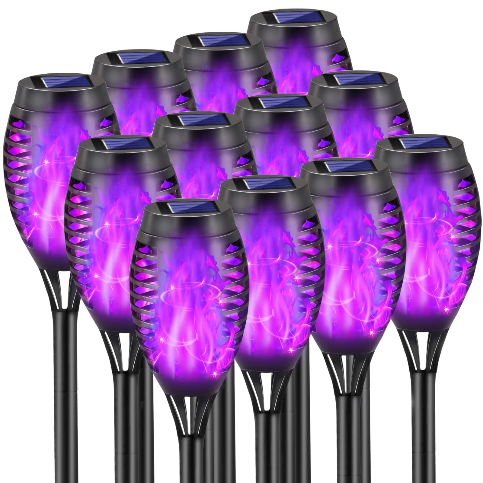 COCOMOX Solar Tiki Torch Lights, 12 Pack, Purple, Waterproof, 12 LED, Flickering Flame, Auto On/Off for Outdoor Garden Pathway