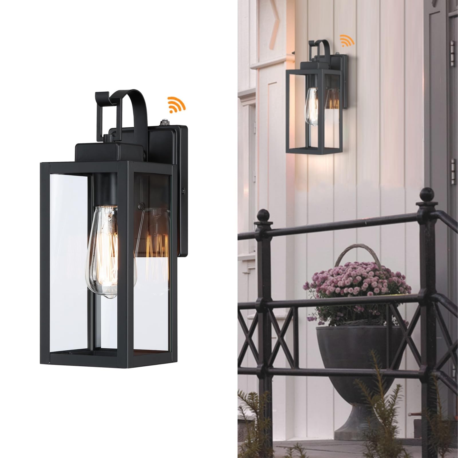 WISBEAM 13.7in Outdoor Wall Lantern, Dusk to Dawn, E26 Base 60W Max, Metal & Glass, Model WS-WL004